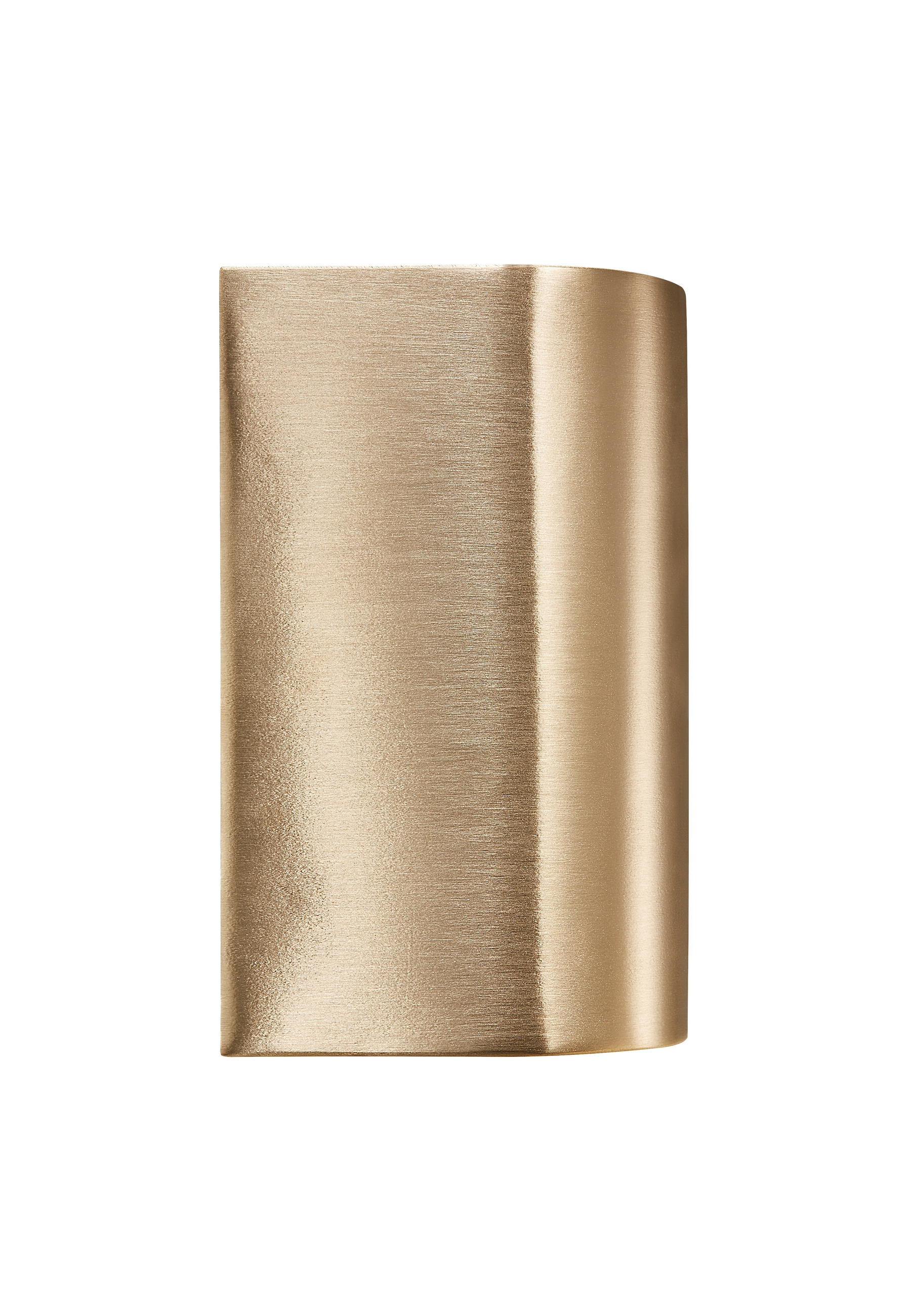 Goldfarbenes, gebogenes rechteckiges Objekt. Die Oberfläche hat eine metallisch gebürstete Textur.