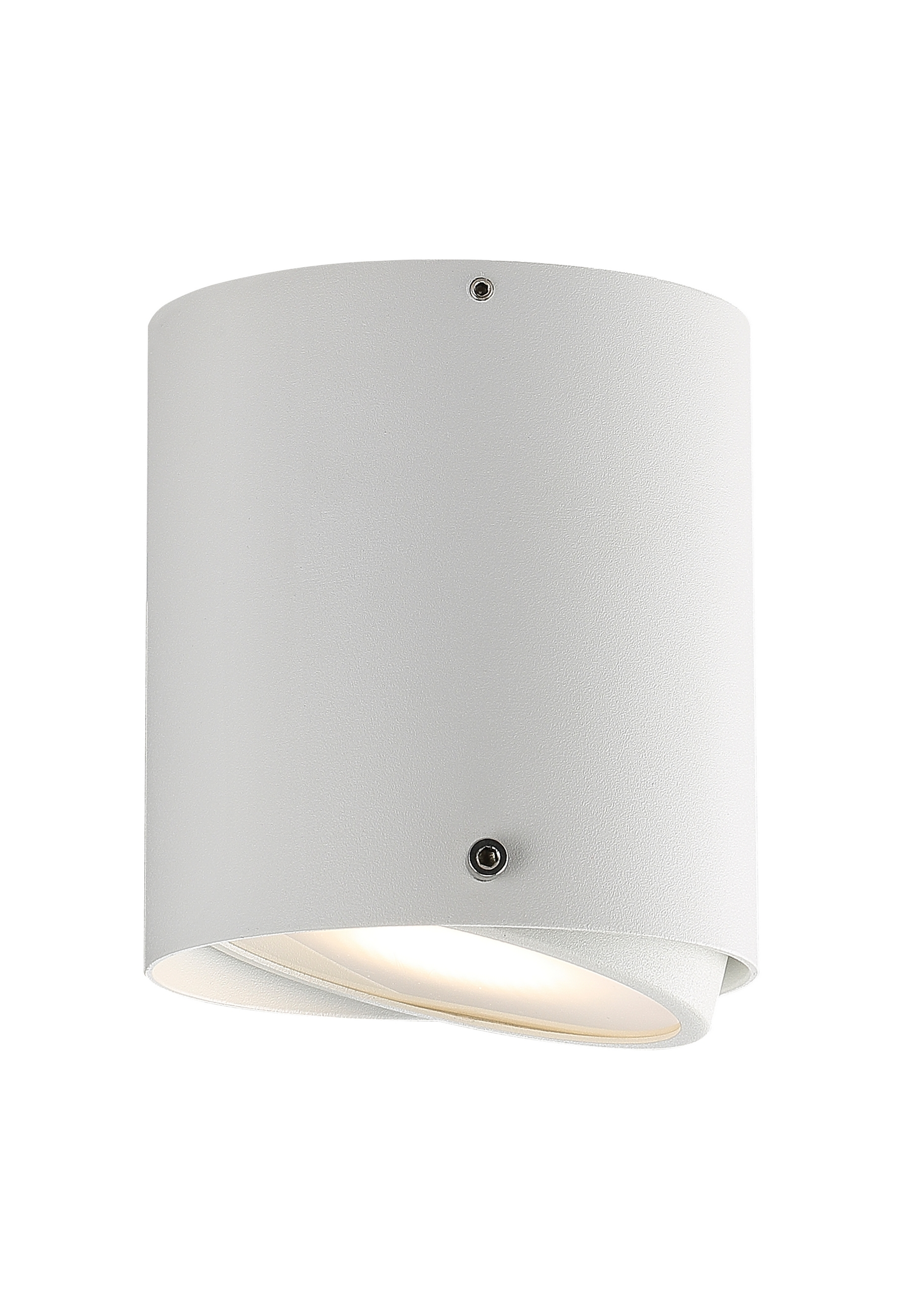 Eine weiße zylindrische Wandleuchte mit gebogenem Unterteil, das Licht aussendet. Sie hat ein minimalistisches Design.