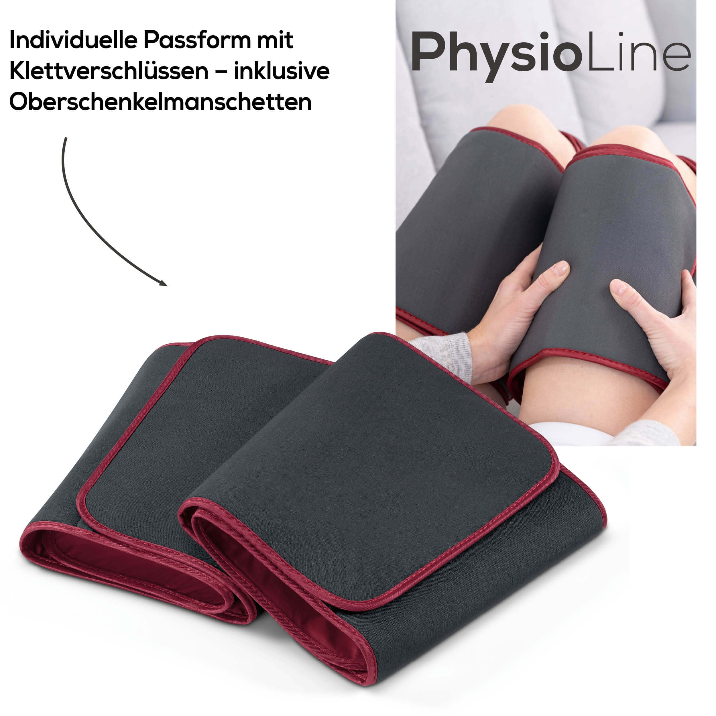 Beinmassage-Wickel mit rotem Rand. Oben rechts sind Wickel auf Beinen zu sehen. Text: PhysioLine. Text: Individuelle Passform.