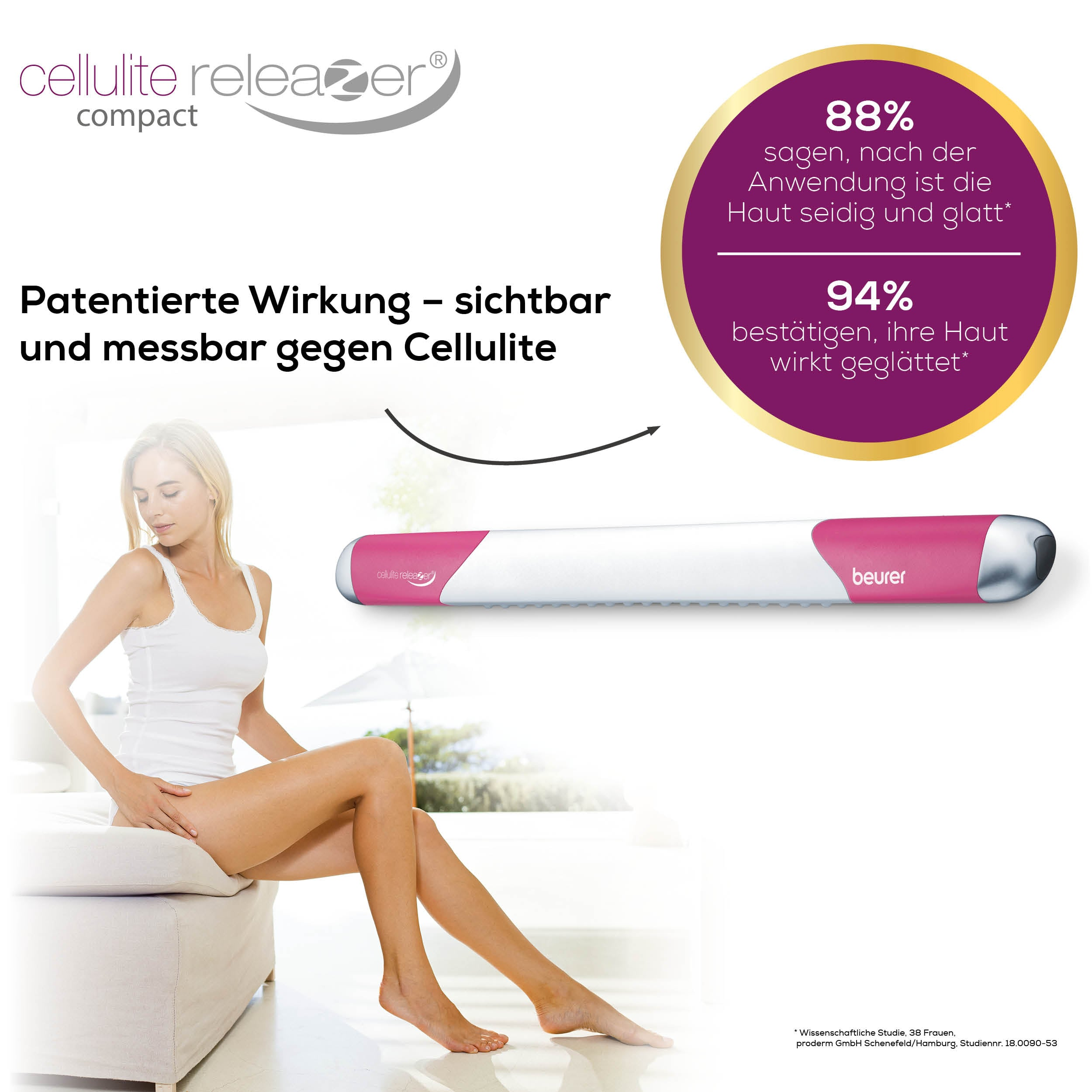 Mujer sentada, usando dispositivo de eliminación de celulitis. Superposición de texto muestra resultados. Dispositivo blanco y rosa.