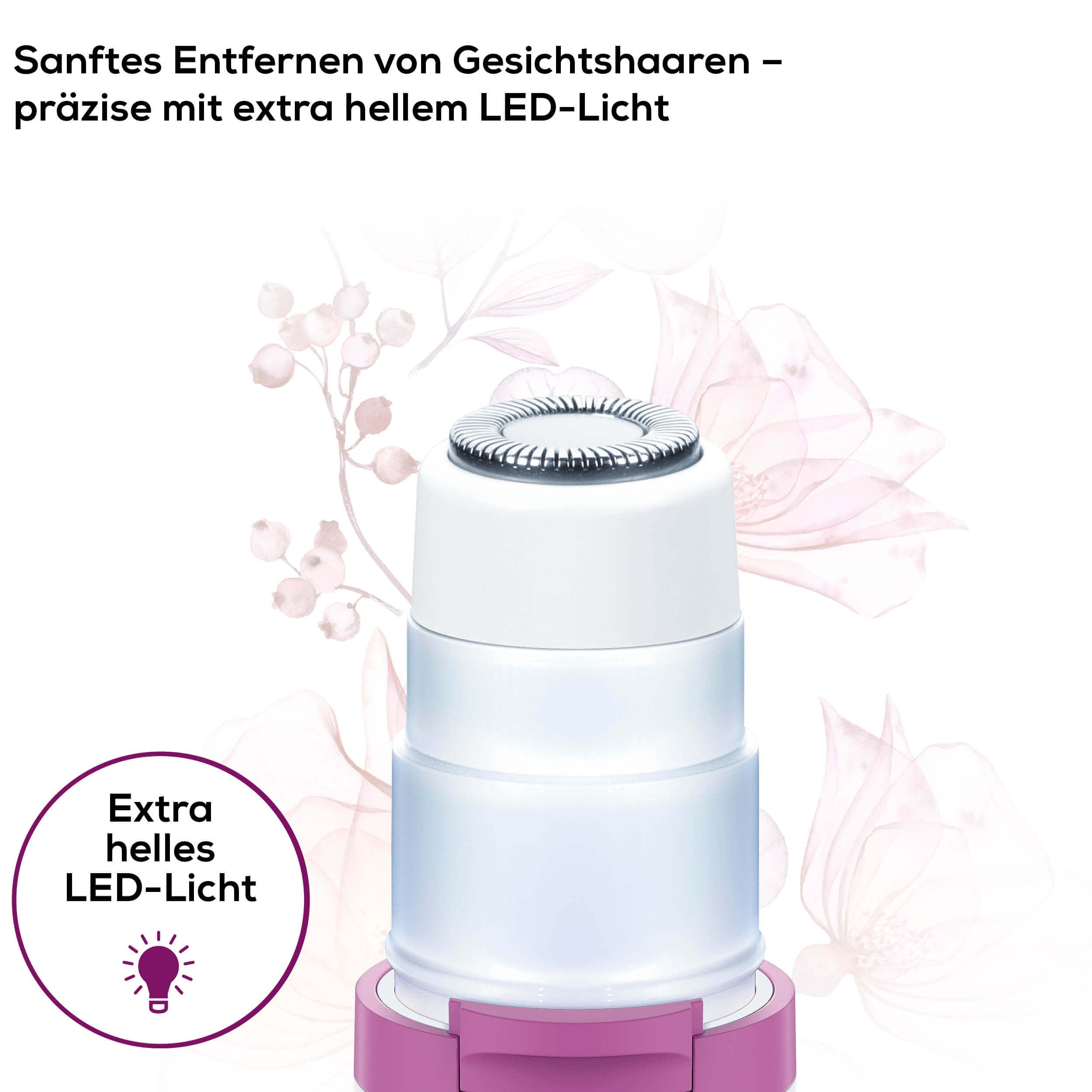 Dispositivo de depilación facial con luz LED, base rosa y fondo floral.