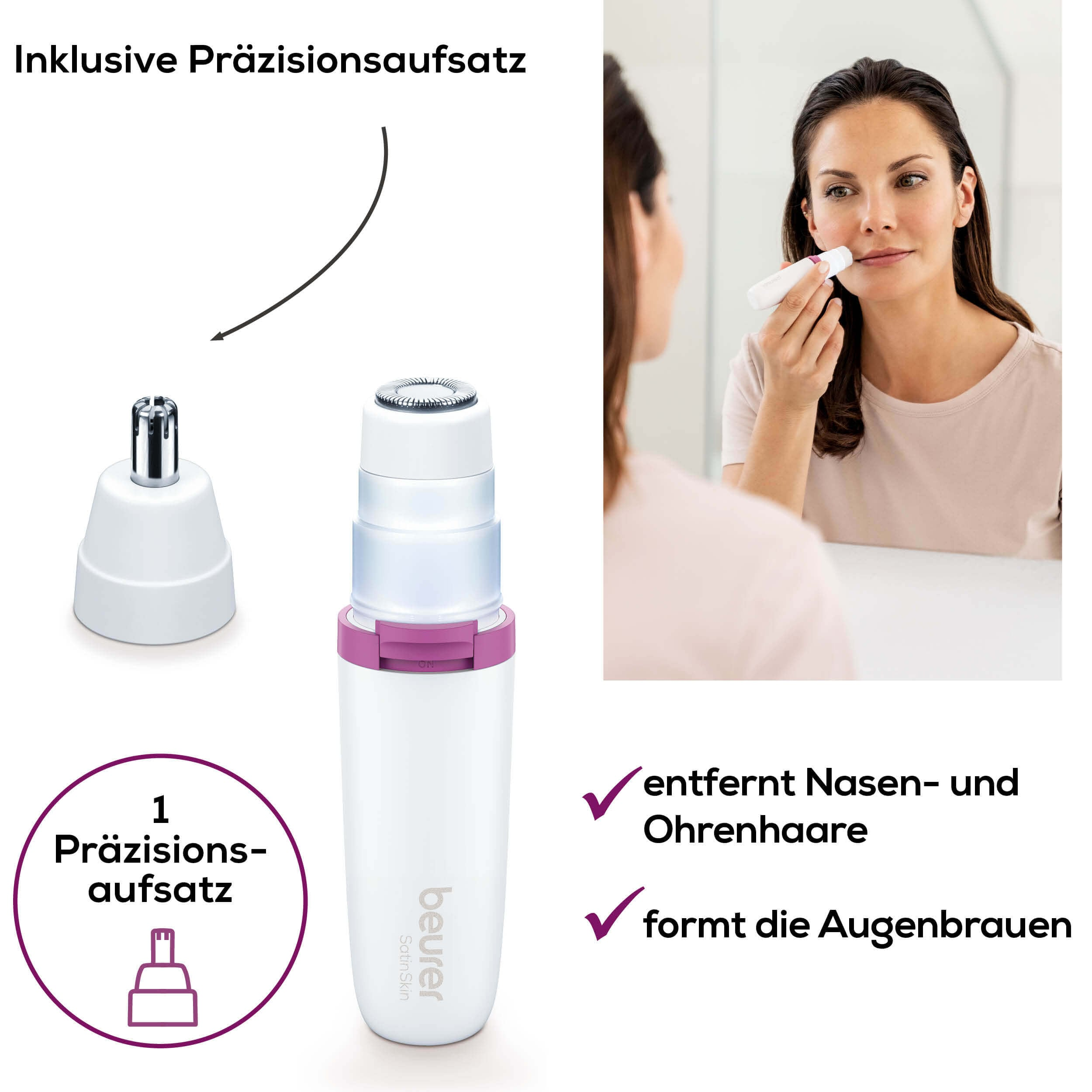 Una mujer usando un dispositivo de depilación facial. Se muestra un primer plano del dispositivo y sus partes.