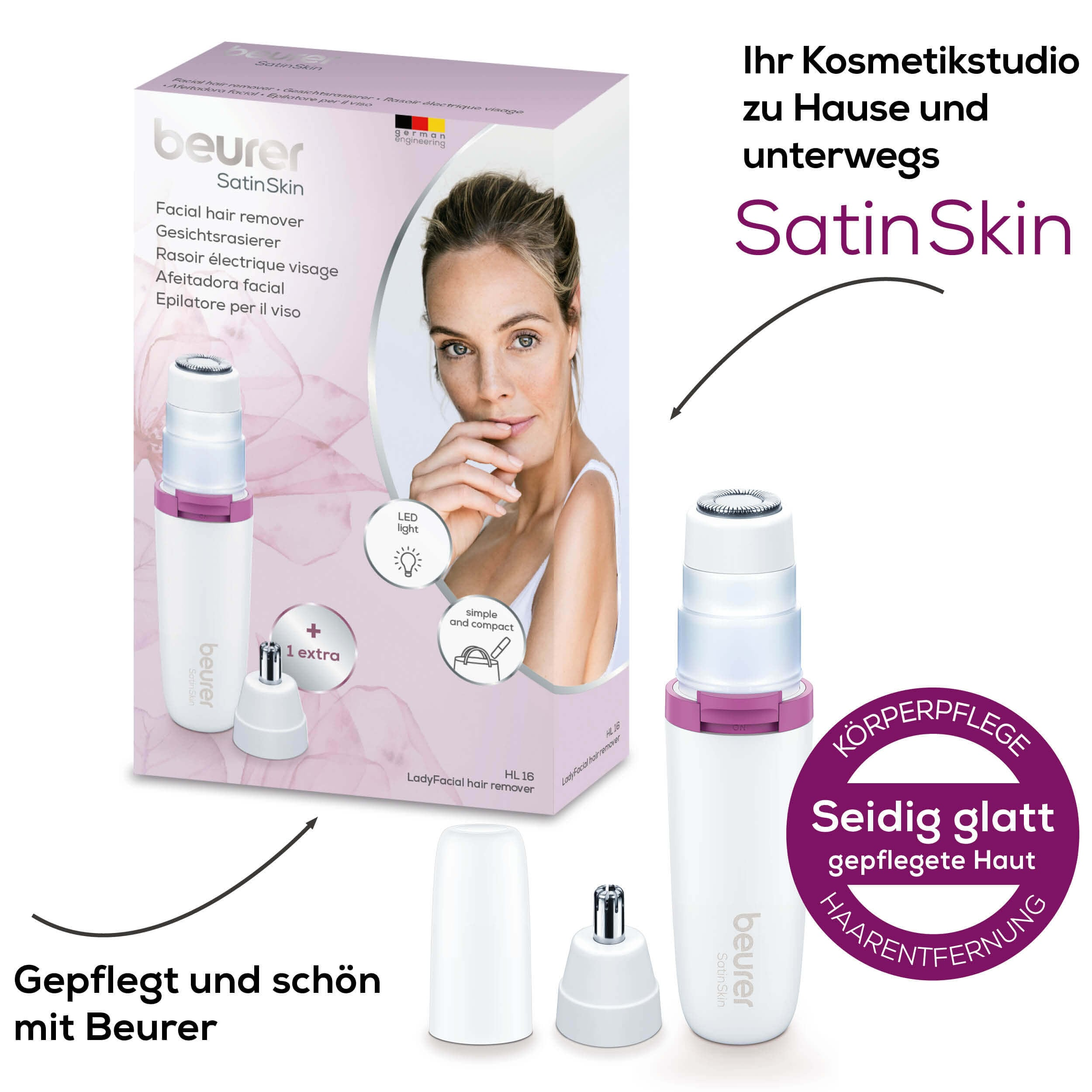 Mujer con depiladora facial y empaque del producto, promoviendo SatinSkin para el cuidado facial.