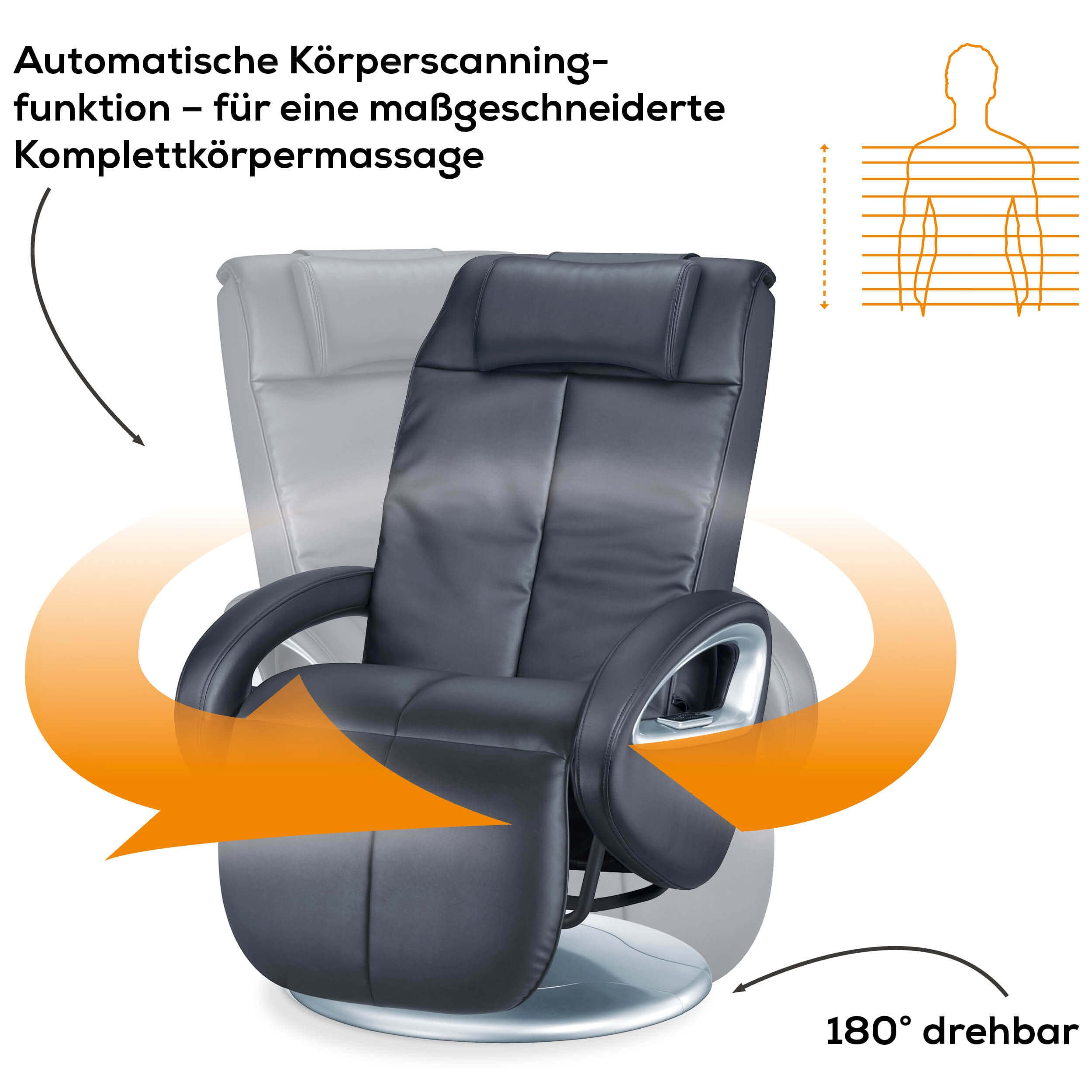 Ein schwarzer Massagesessel mit einer menschenförmigen Darstellung, die Massagebereiche zeigt, mit einem Drehpfeil.