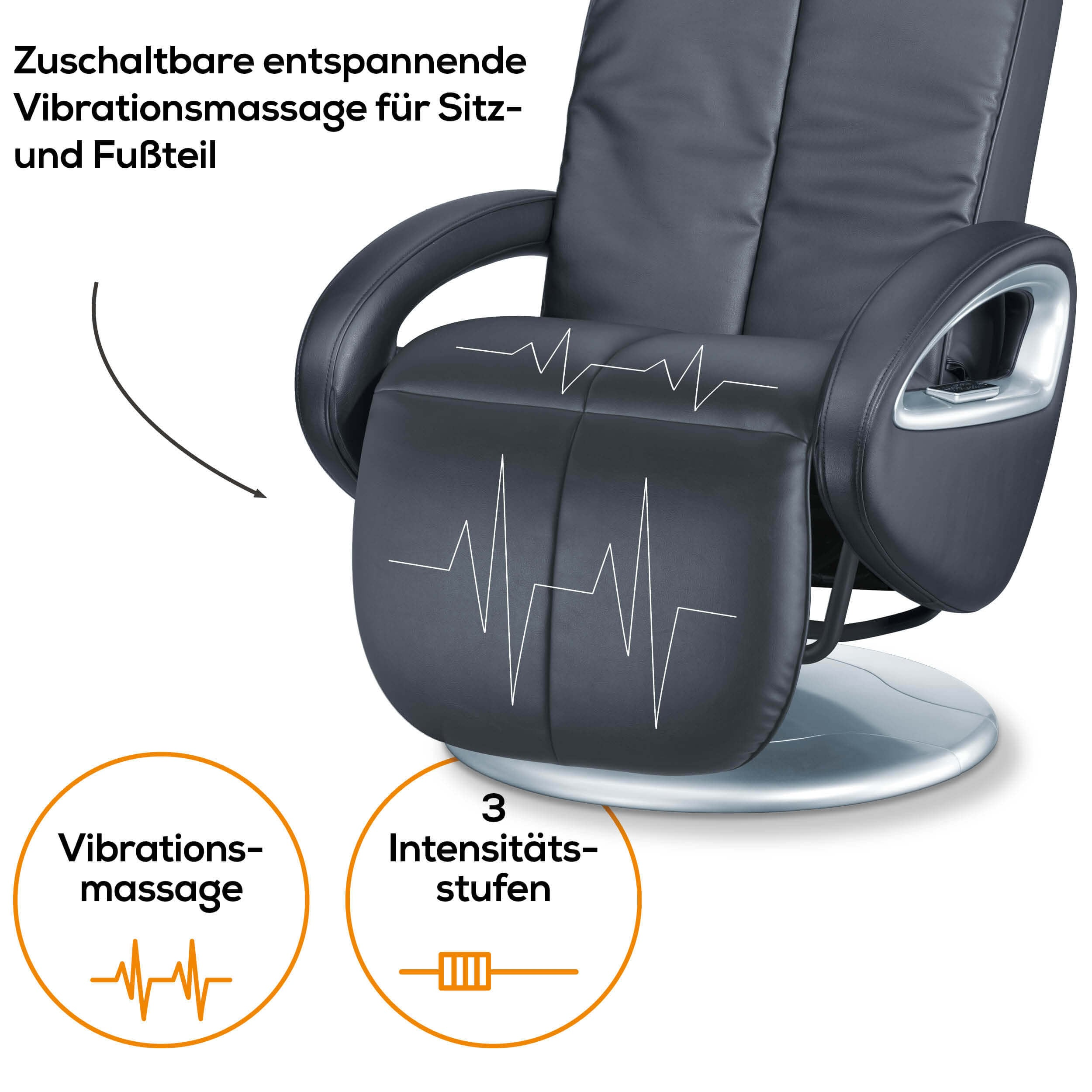 Nahaufnahme eines Massagesessels mit Vibrationsmassage-Funktionen und Intensitätsstufen.
