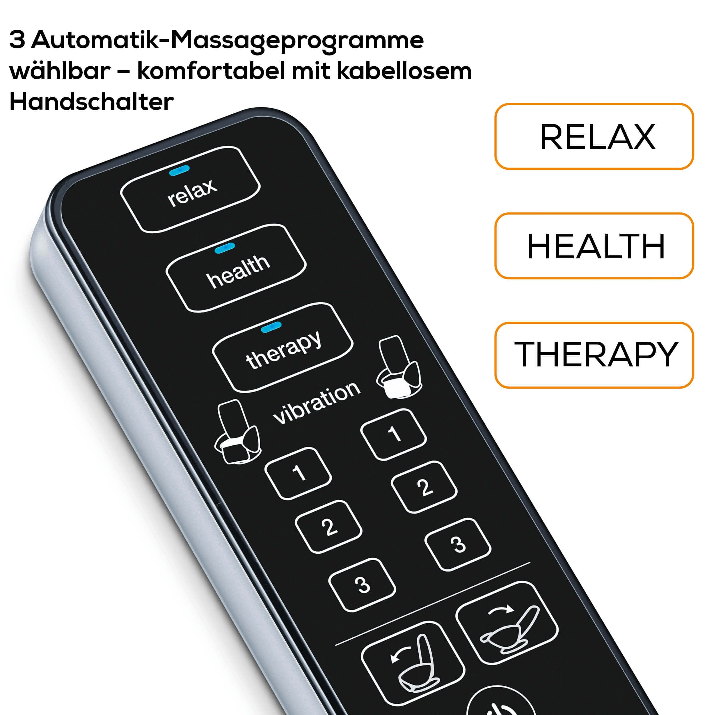 Nahaufnahme eines Massagegerät-Bedienfelds mit beschrifteten Tasten: Entspannen, Gesundheit, Therapie und Vibration.