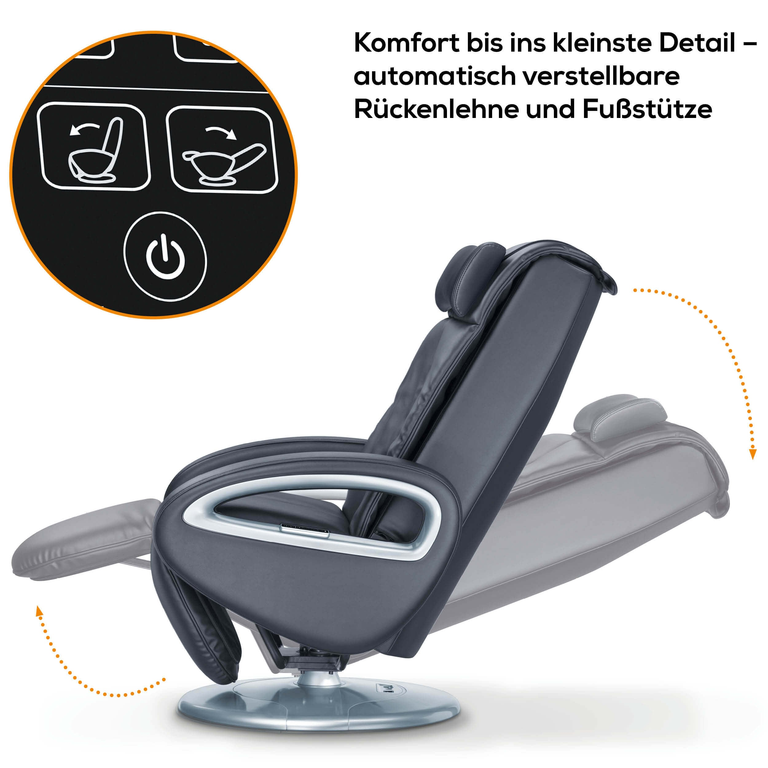 Ein schwarzer Massagesessel in Liegeposition, mit Symbolen und Text an der Seite.