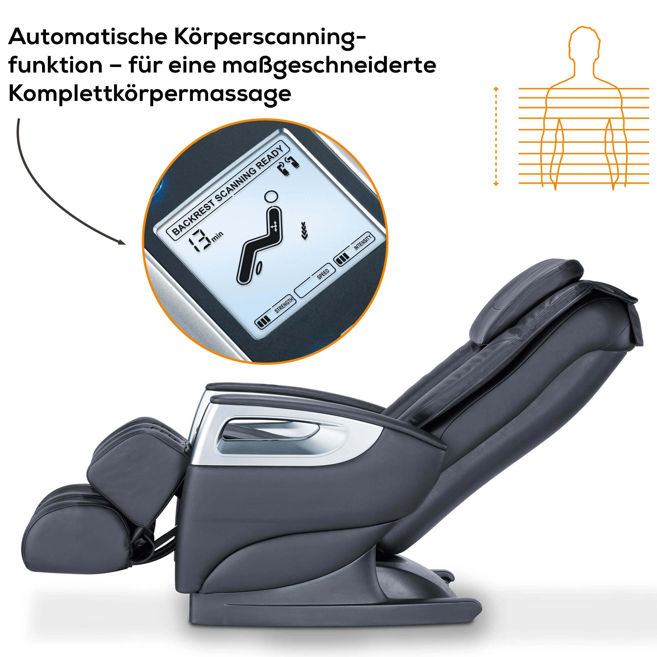 Schwarzer Massagesessel mit Bildschirm, der Massageeinstellungen zeigt. Text auf Deutsch. Diagramm zeigt Körperscan.
