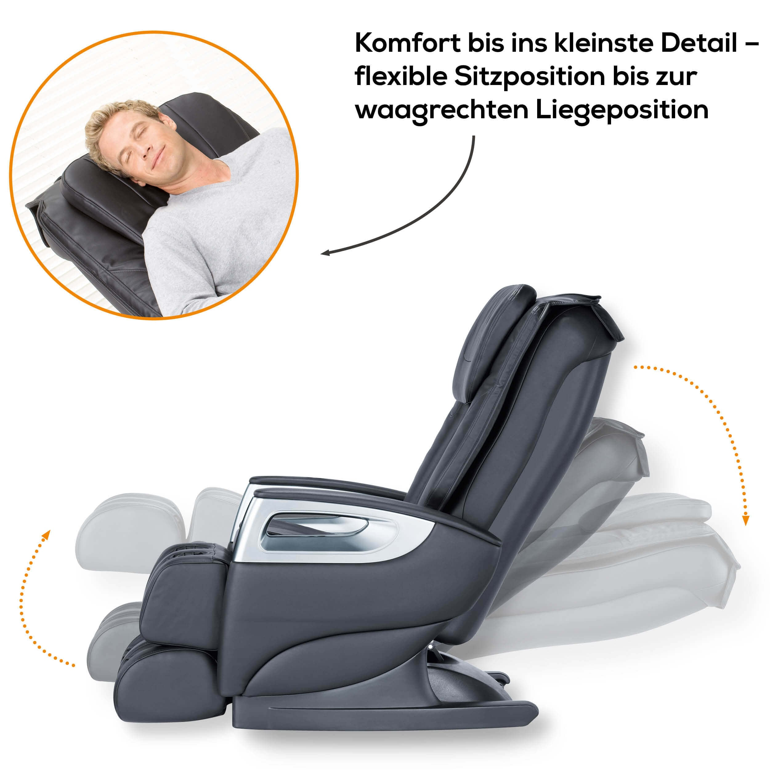 Ein Massagesessel in verschiedenen Positionen, mit einem schlafenden Mann im Einsatz. Text: flexible Sitzgelegenheit.