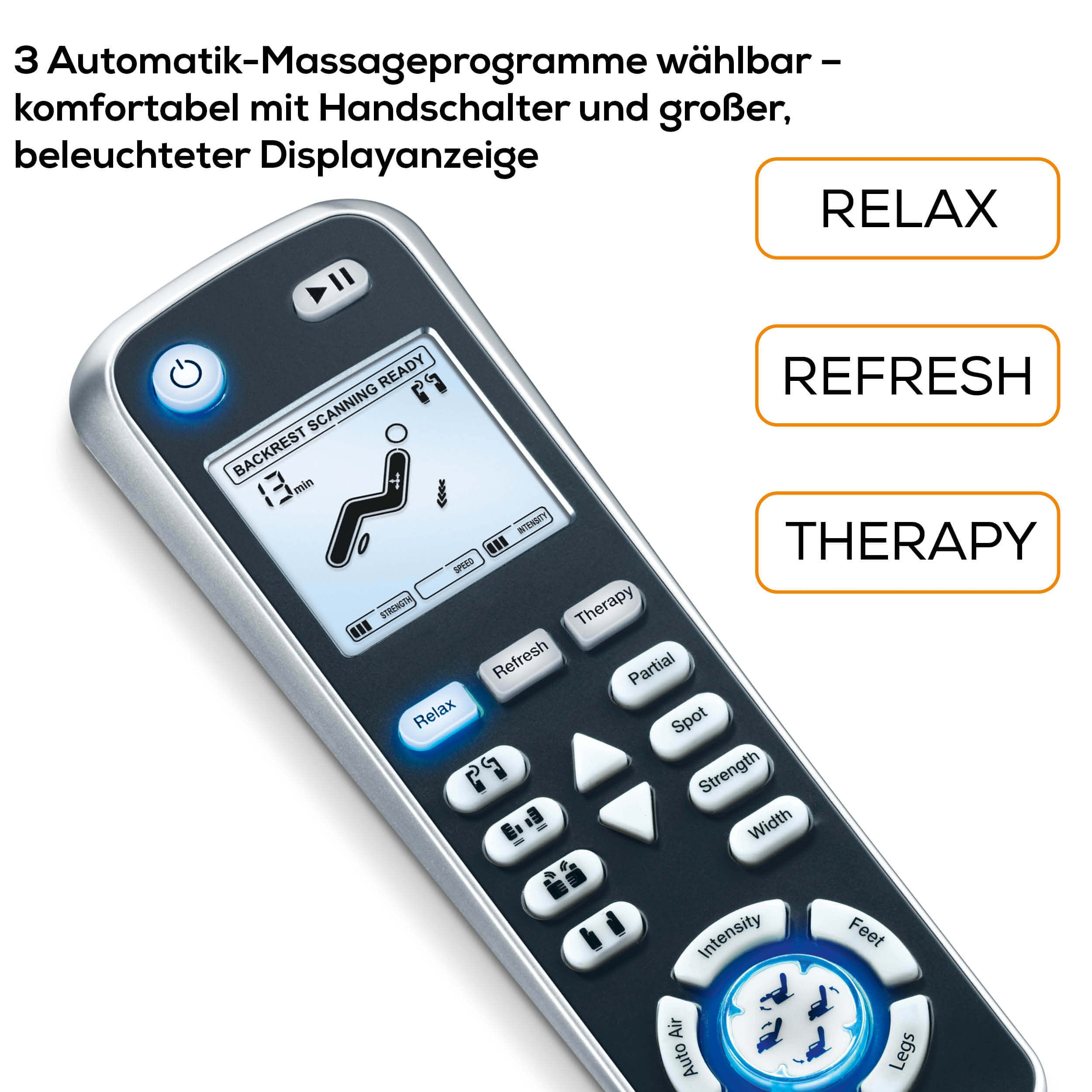 Eine Fernbedienung mit den Tasten „Relax“, „Refresh“ und „Therapy“. Die Tasten befinden sich auf einer grauen Oberfläche.