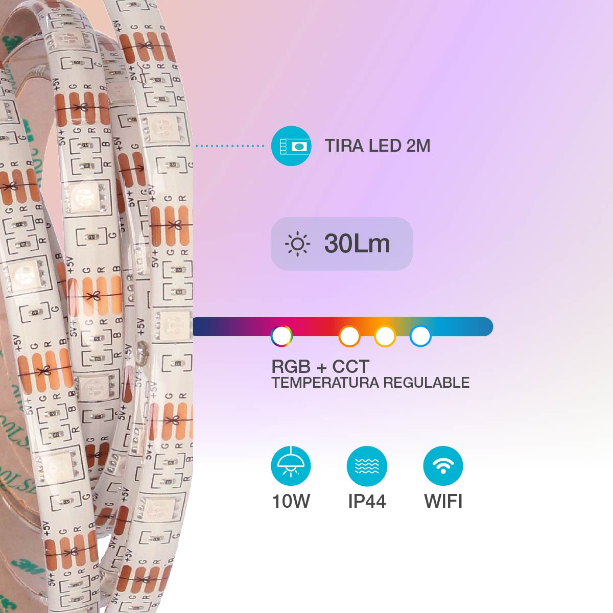 Tira de luces LED con múltiples colores. Tiene un respaldo blanco y está enrollada. Varios iconos están a la derecha.