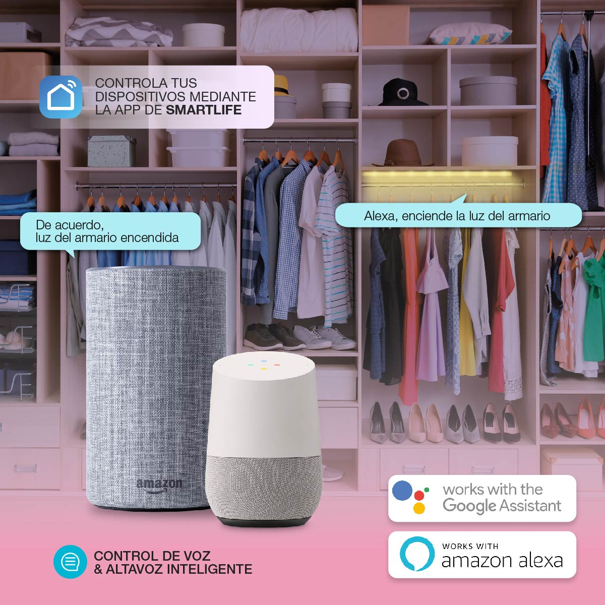 Configuración de hogar inteligente con asistente de voz, armario al fondo y burbujas de texto.
