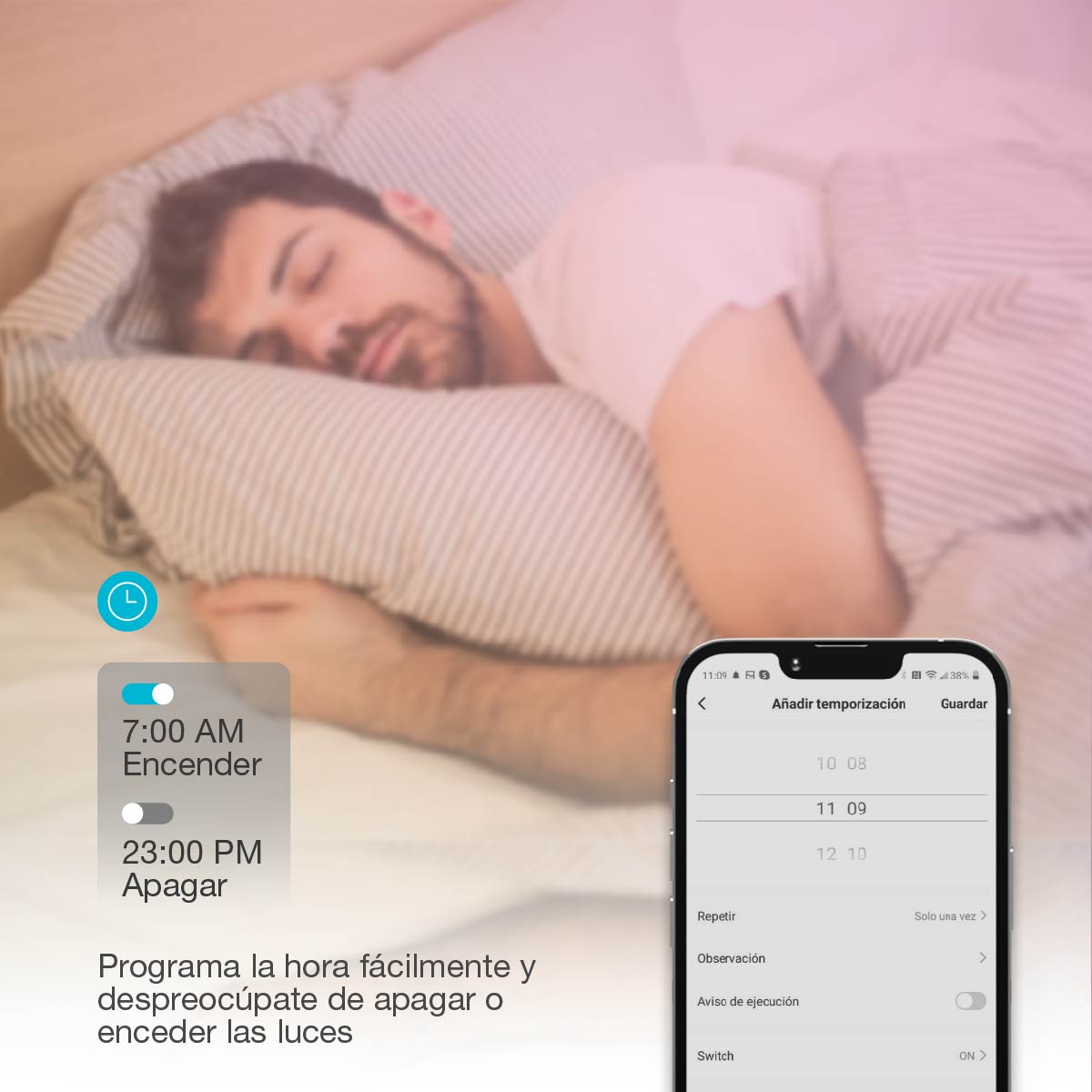 Una persona durmiendo con un teléfono que muestra un temporizador para las luces. Icono de luz azul.