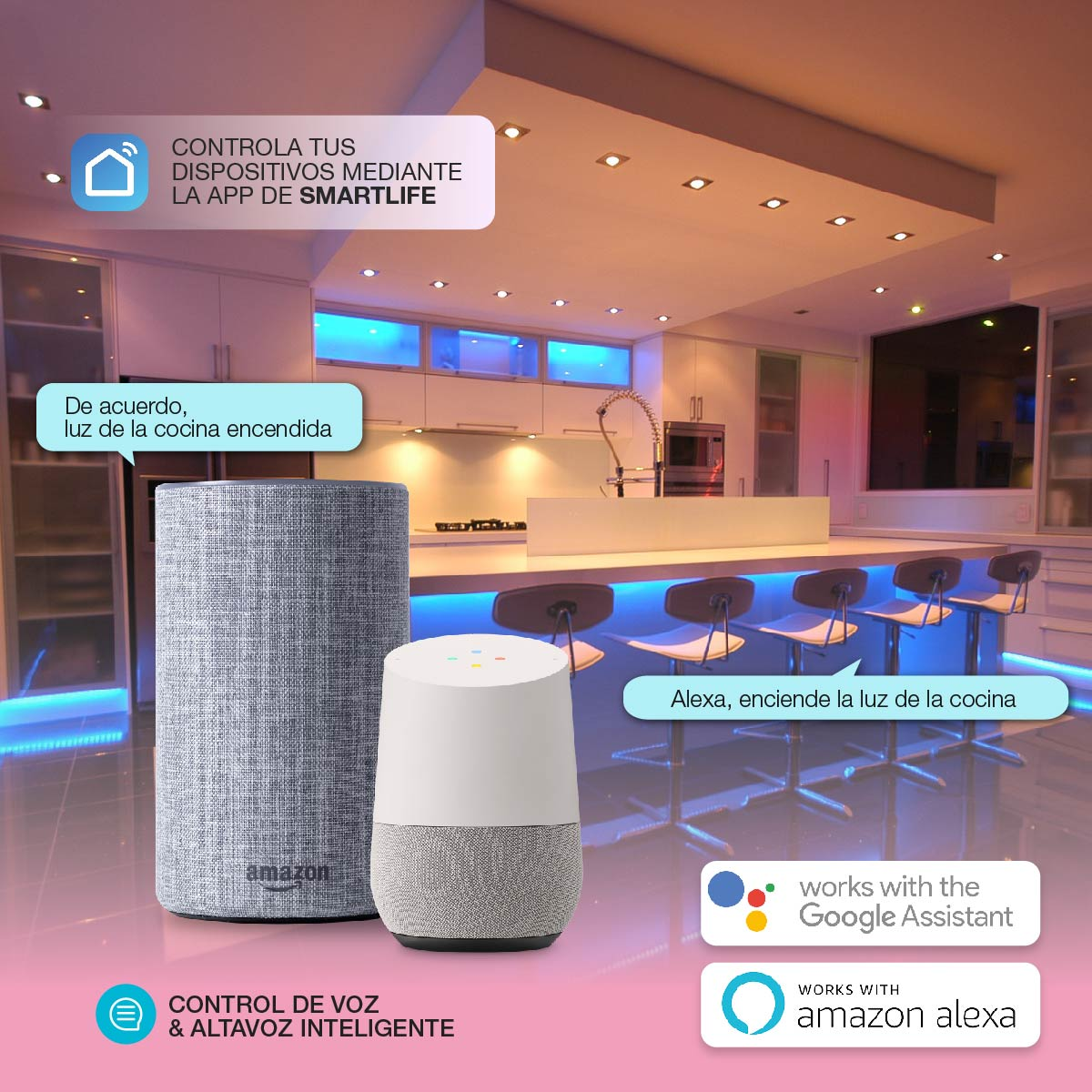 Configuración de hogar inteligente con asistentes de voz e iluminación de cocina.