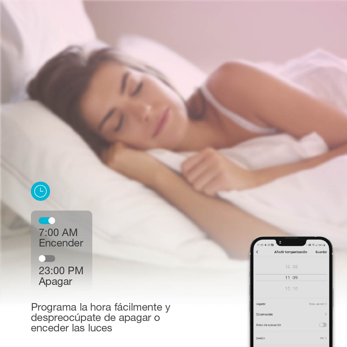 Mujer en cama con teléfono mostrando ajuste de temporizador de sueño.