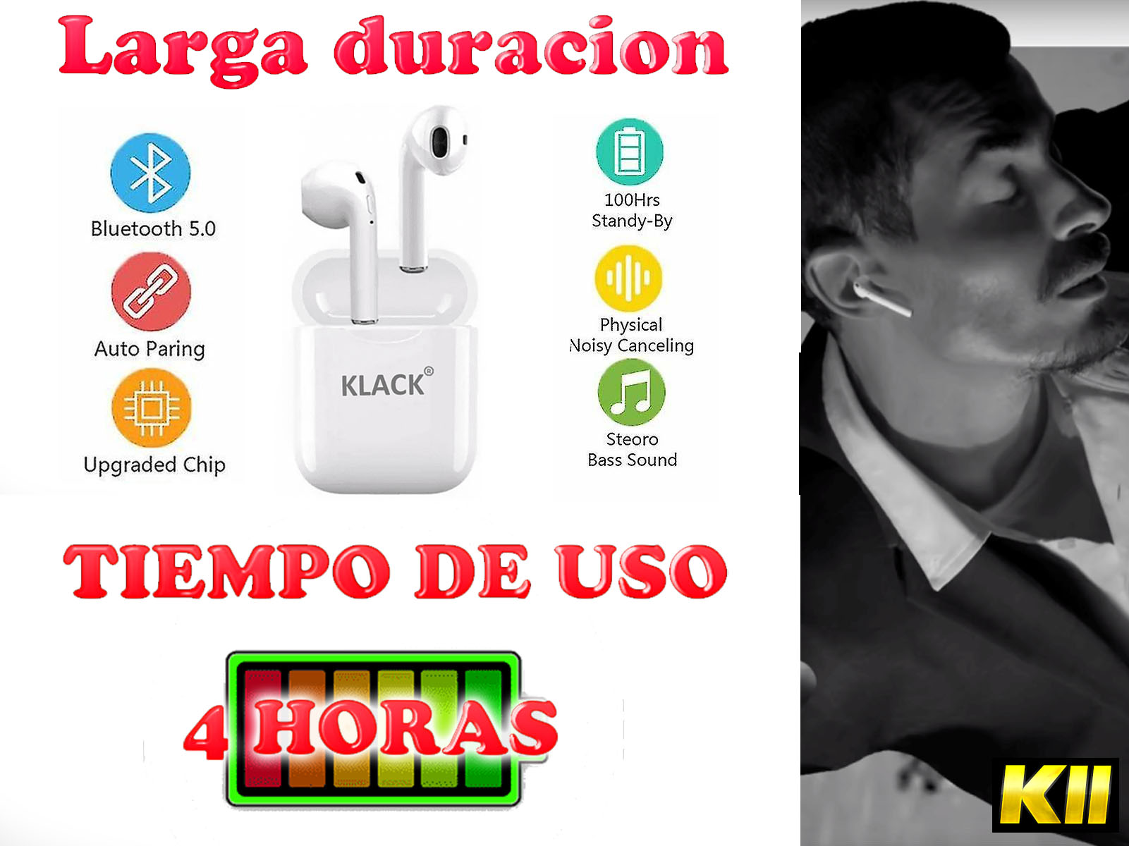 Imagen que muestra auriculares blancos en una funda, con texto e iconos sobre funciones como Bluetooth y duración de la batería.