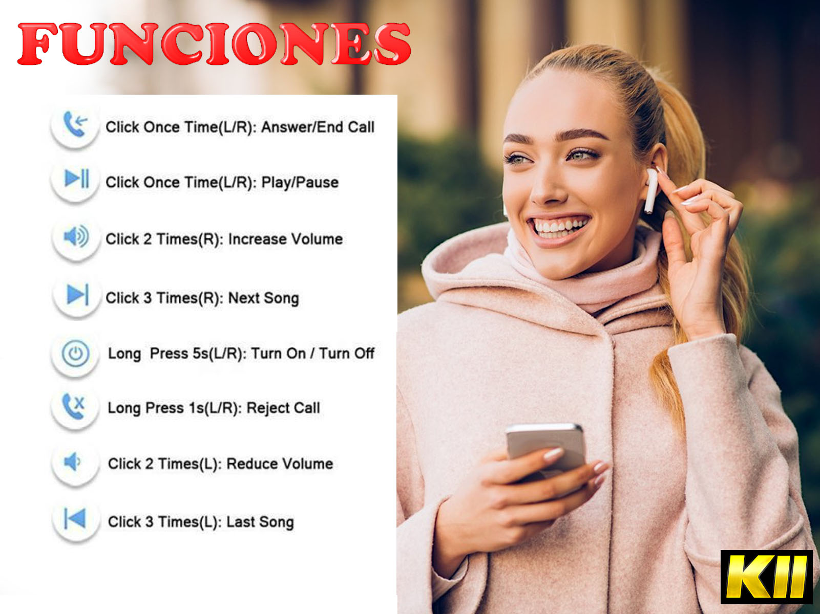 Mujer con auriculares, sosteniendo un teléfono. La imagen muestra las funciones de los auriculares.