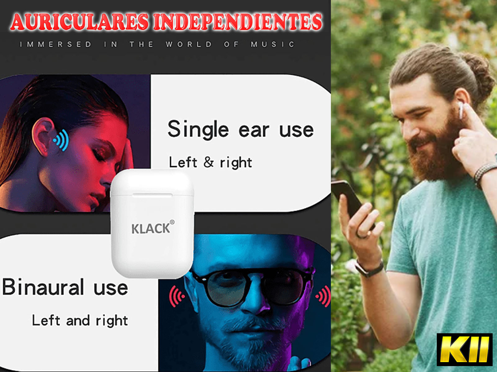 Una imagen muestra auriculares y un hombre usando uno. El texto indica opciones de uso único y binaural.
