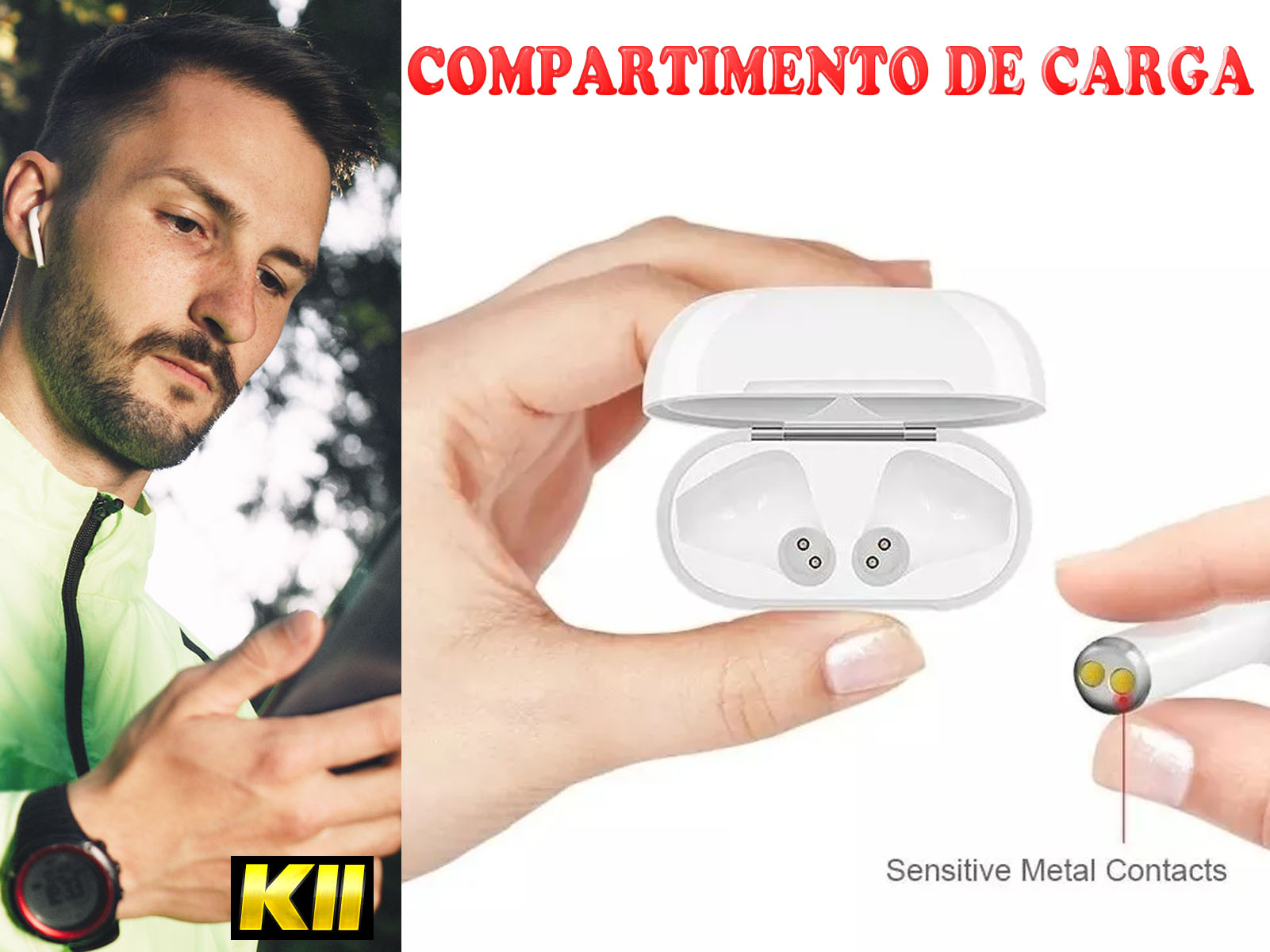 Un hombre con auriculares y un teléfono, mostrando un estuche de carga y los auriculares.