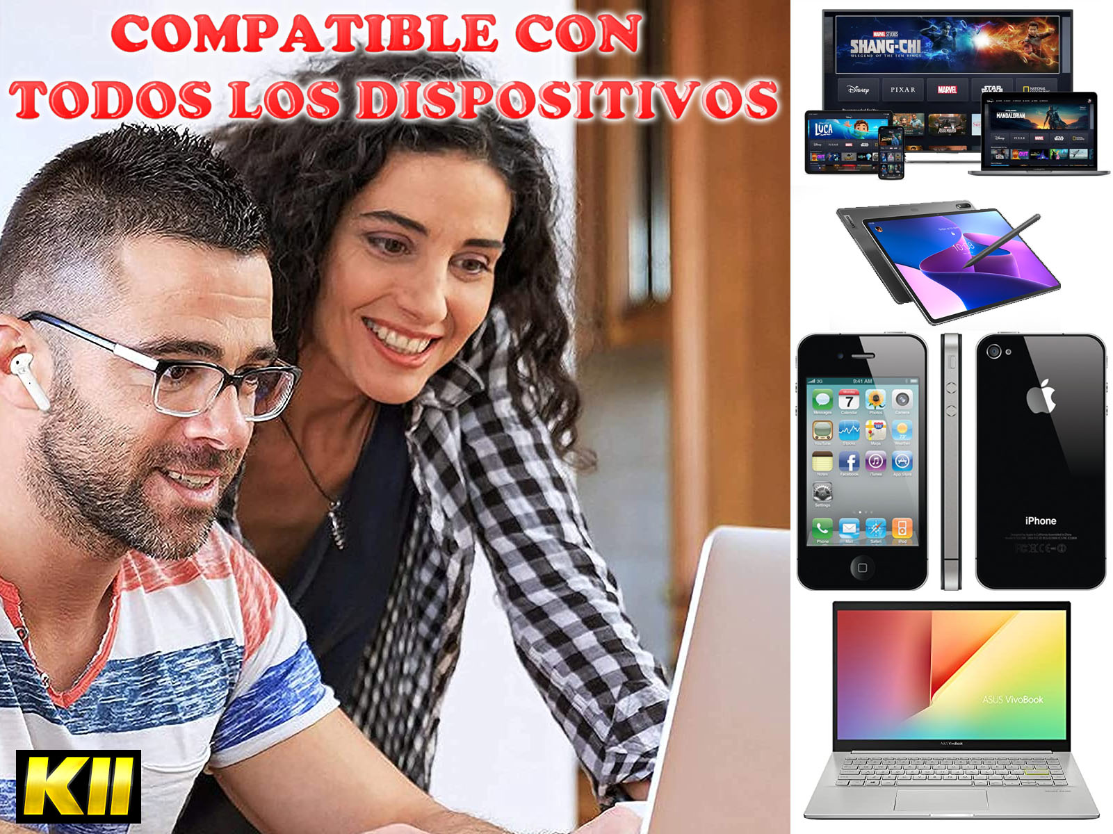 Dos personas mirando un portátil con otros dispositivos, mostrando compatibilidad.