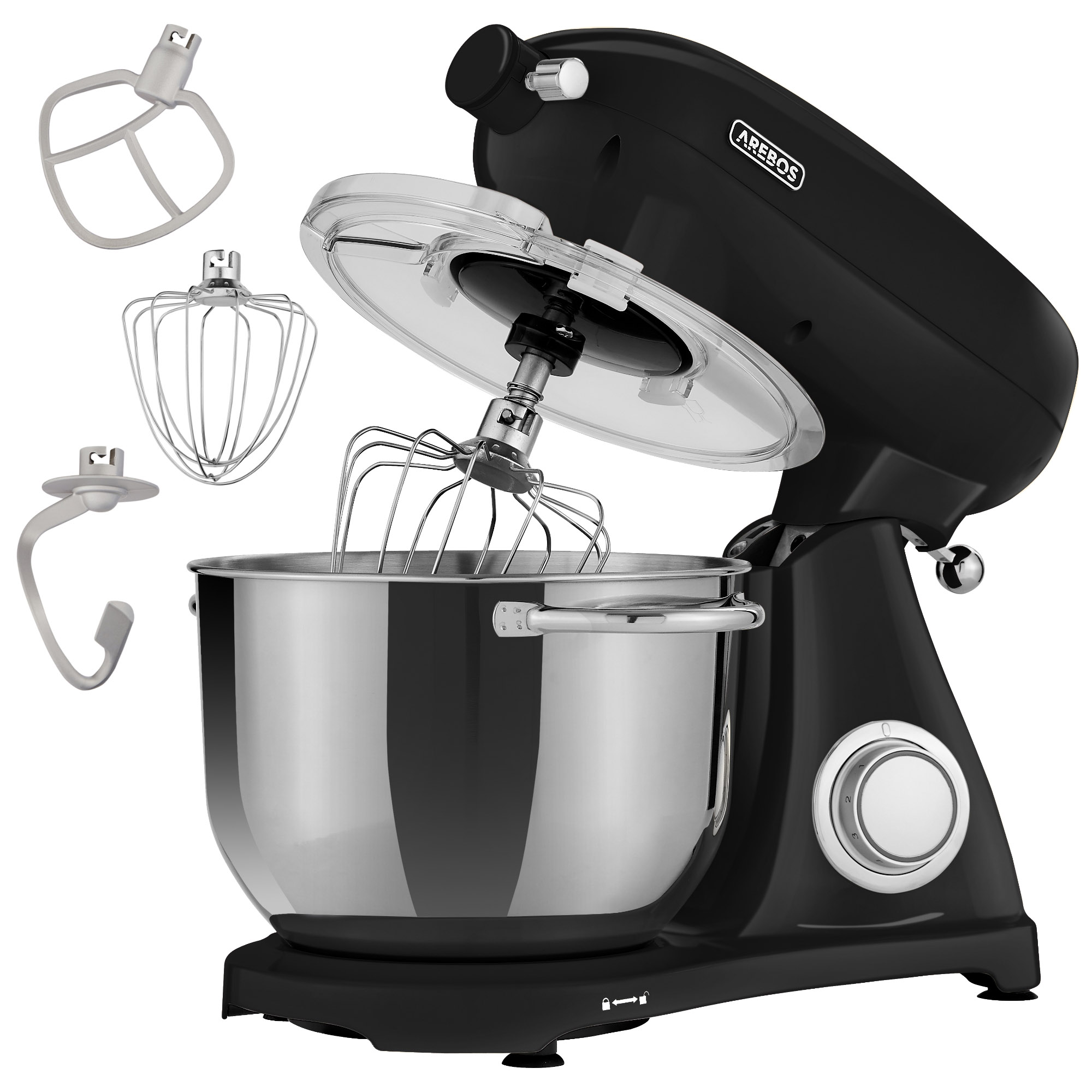 Schwarzer Küchenmixer mit Edelstahlschüssel und Aufsätzen, einschließlich Schneebesen und Knethaken.