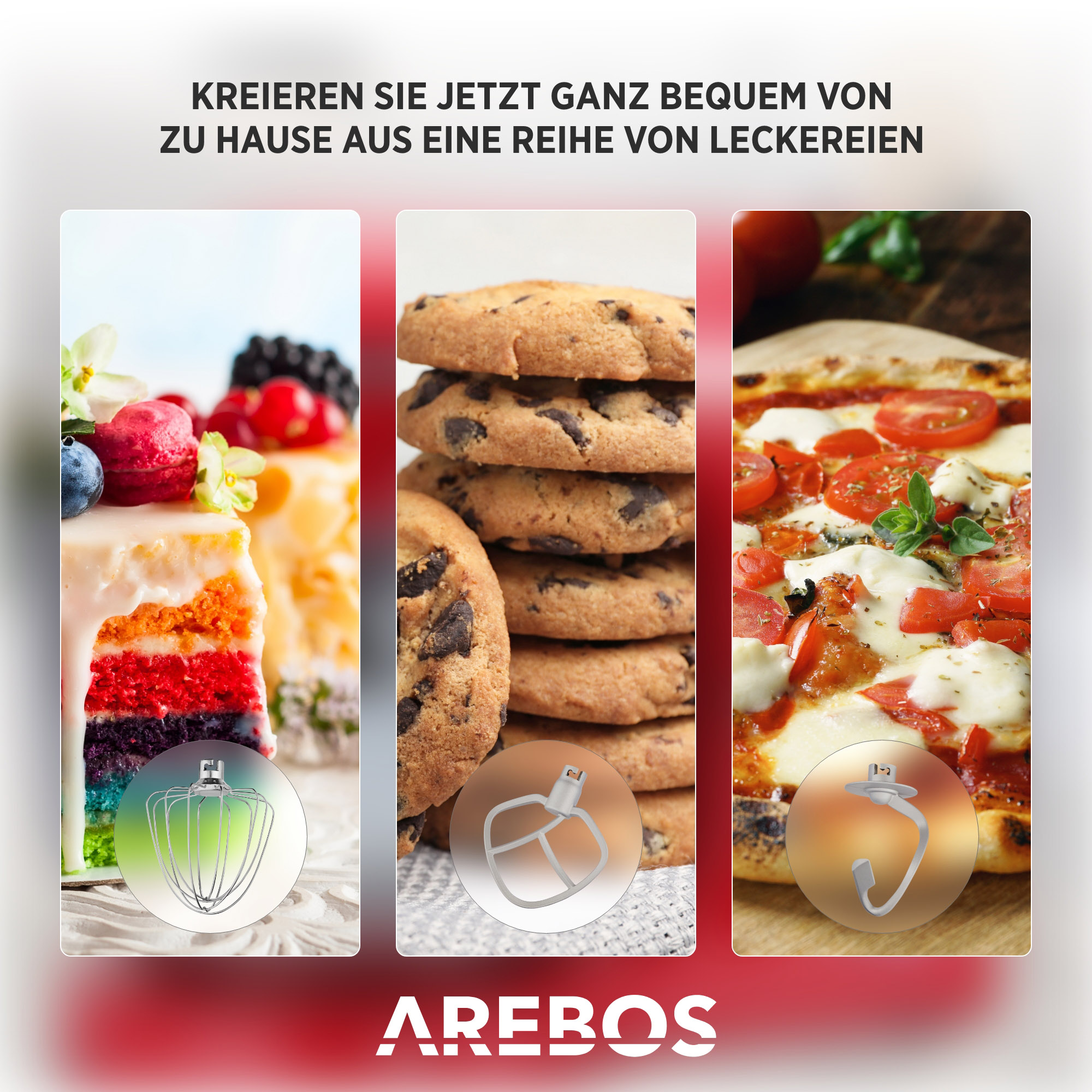 Drei Essensbilder mit Küchenwerkzeug-Icons. Kuchen, Kekse und Pizza werden gezeigt.