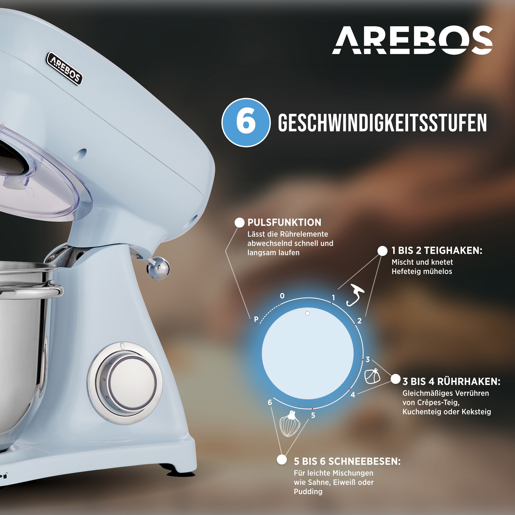 Küchenmaschine blau Speedlevels Watt) 6 AREBOS 1800 l, 6 (Rührschüsselkapazität: