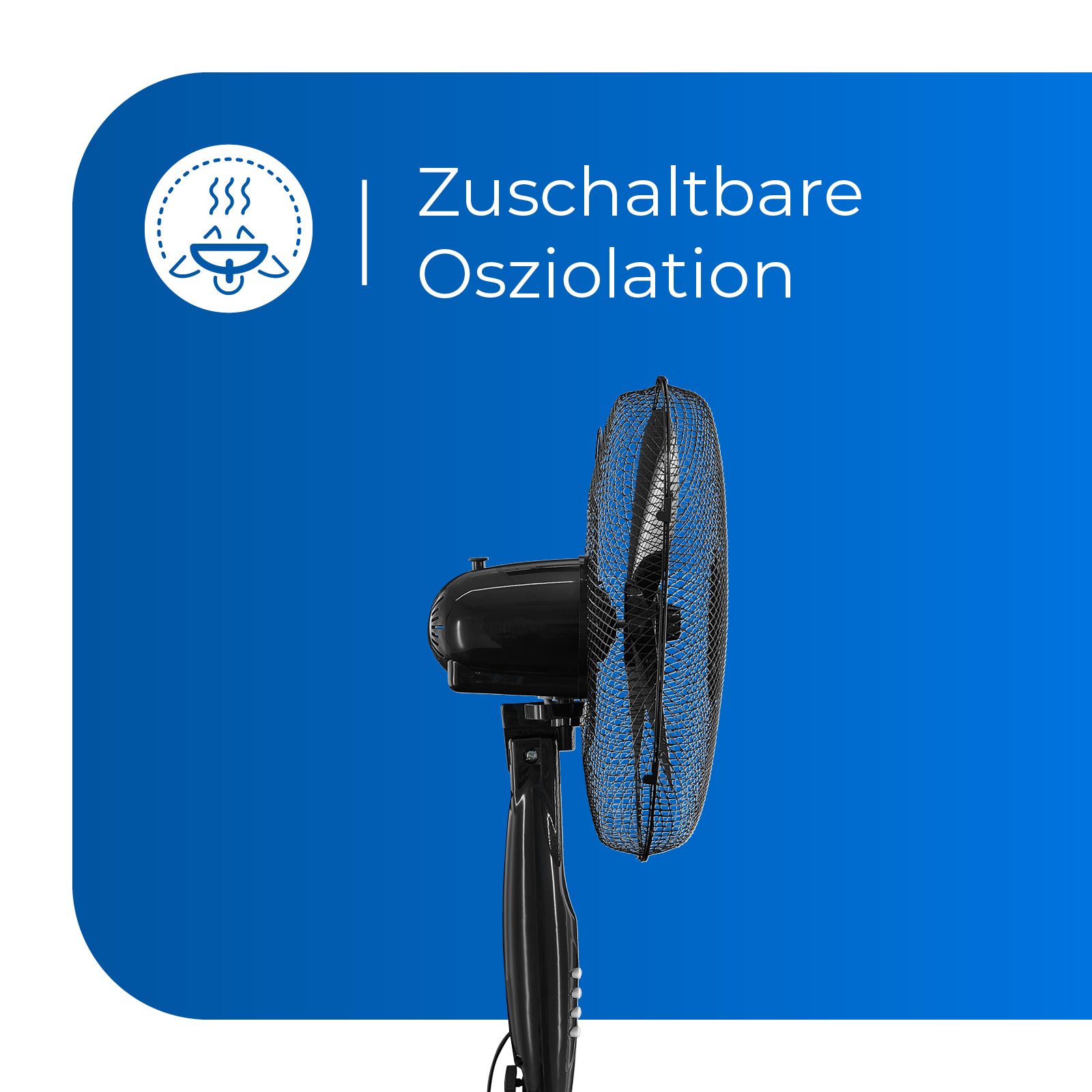 Ventilador de pie negro con rejilla protectora, con texto "Zuschaltbare Oszillation" en fondo azul.