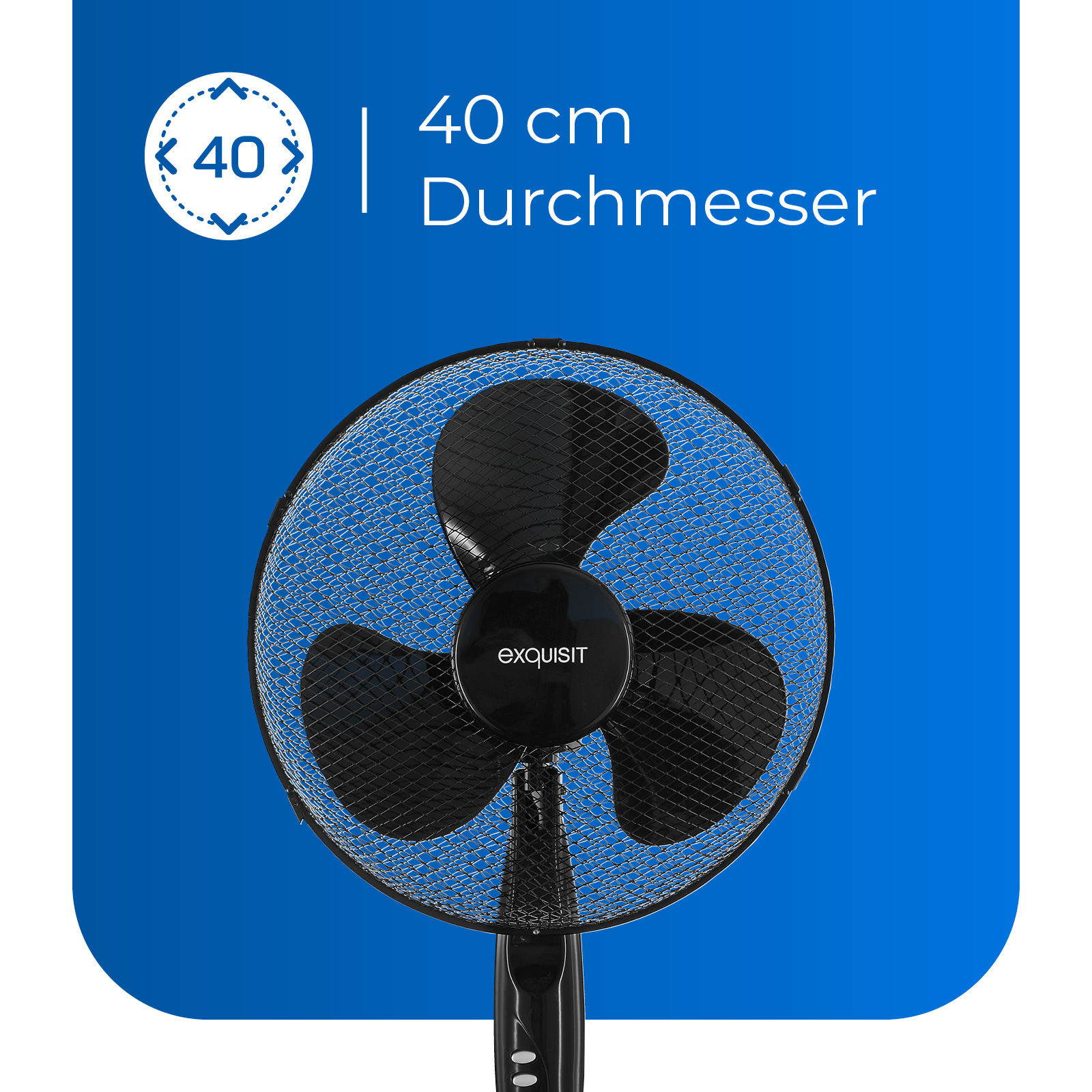 Un ventilador negro con tres aspas y una malla protectora, con texto y fondo azul.