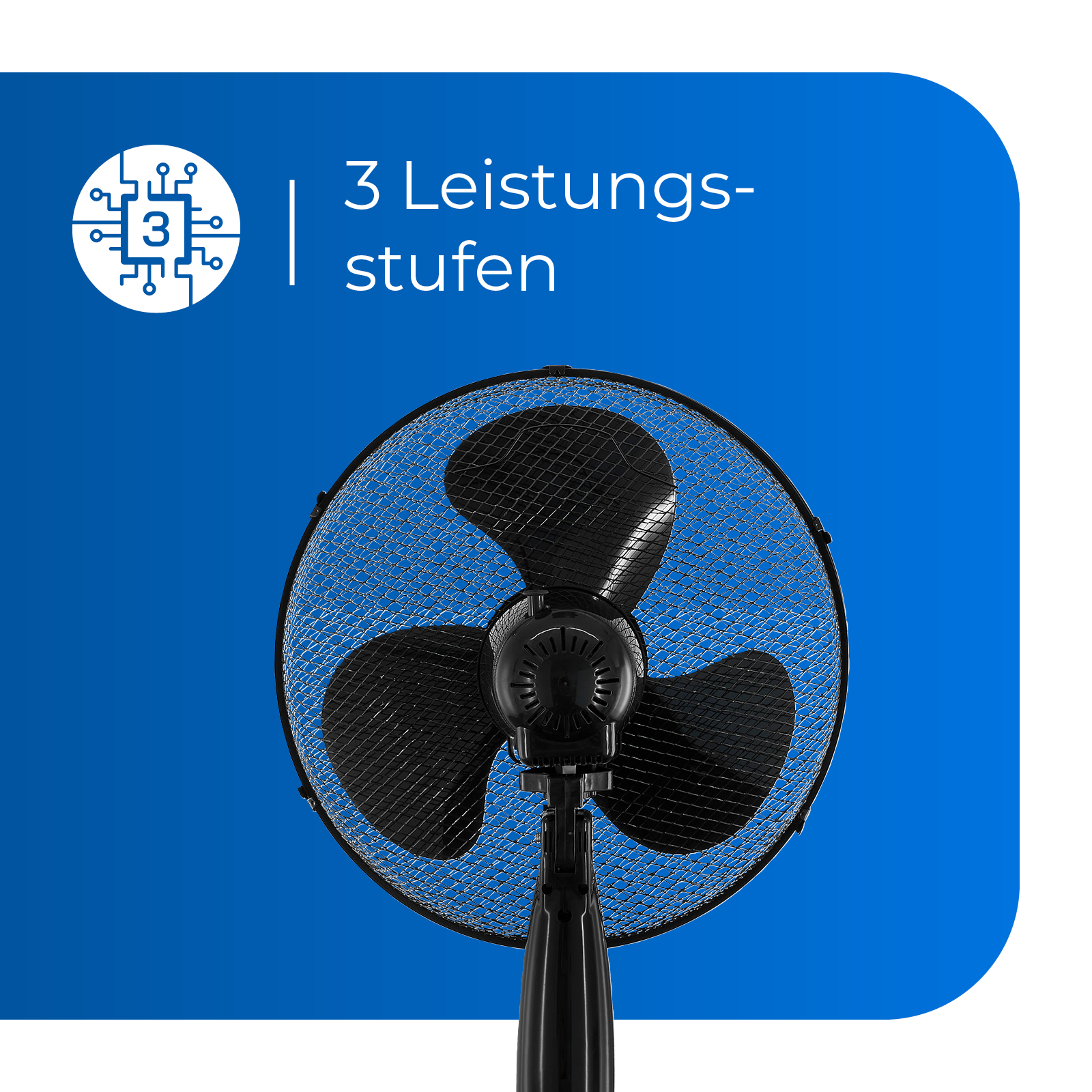 Ventilador negro con tres aspas. Fondo azul con texto: 3 Leistungsstufen y un símbolo de circuito.