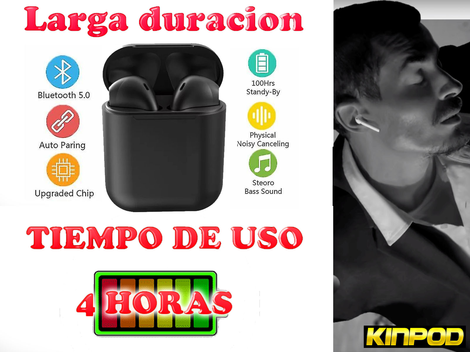 Auriculares negros en un estuche de carga, con iconos y texto que muestran funciones.