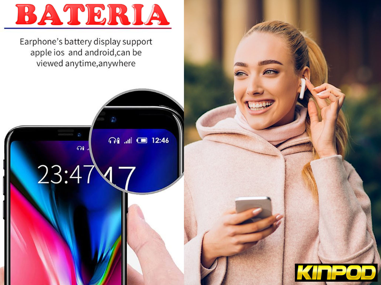 Mujer sonriendo, con auriculares, sosteniendo un teléfono con información de batería.