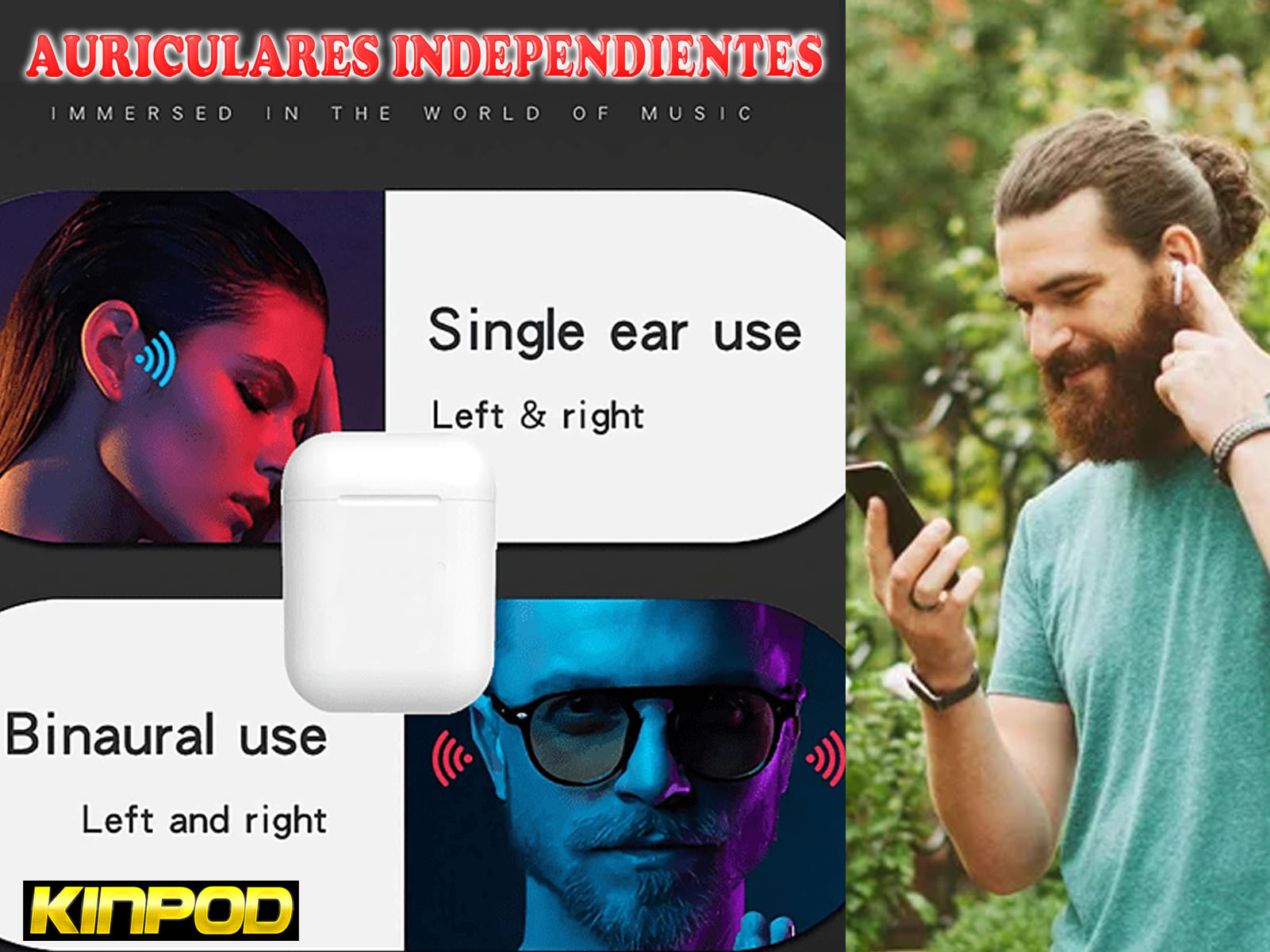 Anuncio de auriculares, mostrando a un hombre y una mujer con auriculares.