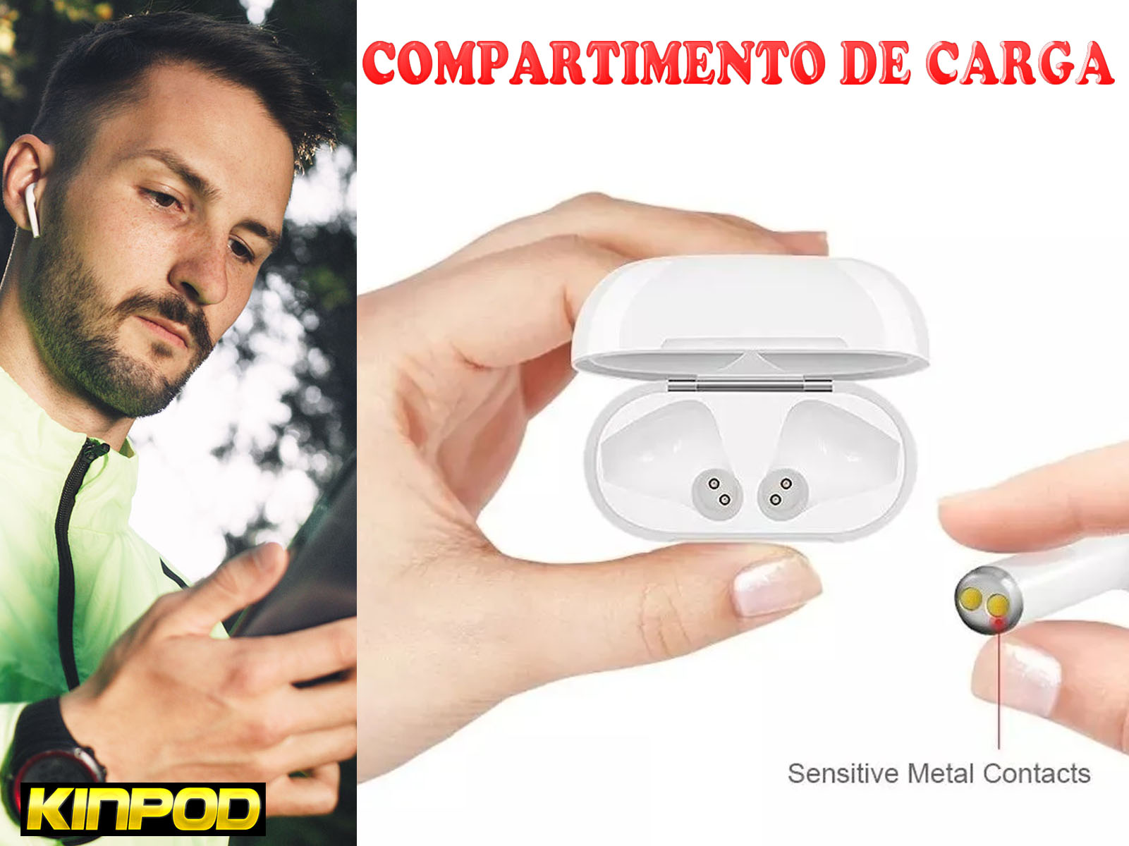 Un hombre usando un teléfono y un estuche de carga de auriculares blanco abierto con auriculares dentro.