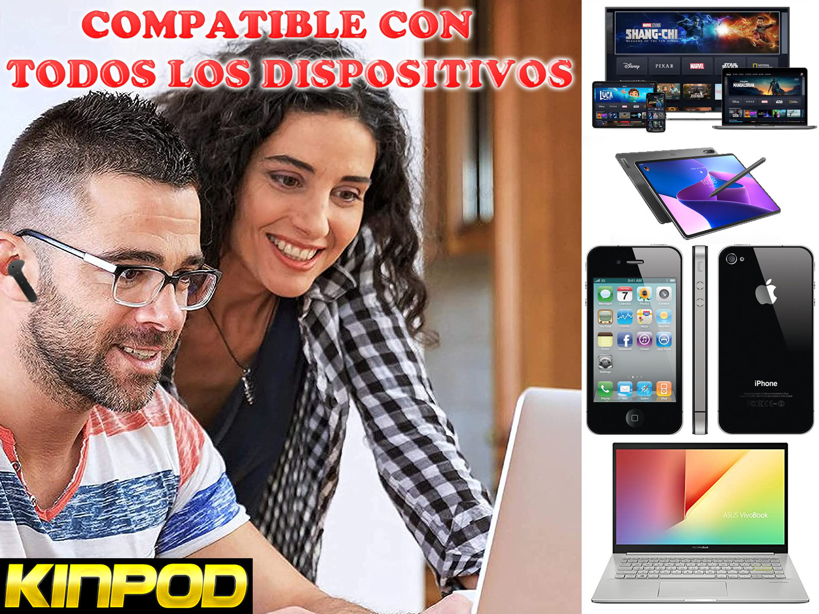 Un hombre y una mujer miran una laptop. Otros dispositivos como tabletas, teléfonos y laptops están en el fondo.