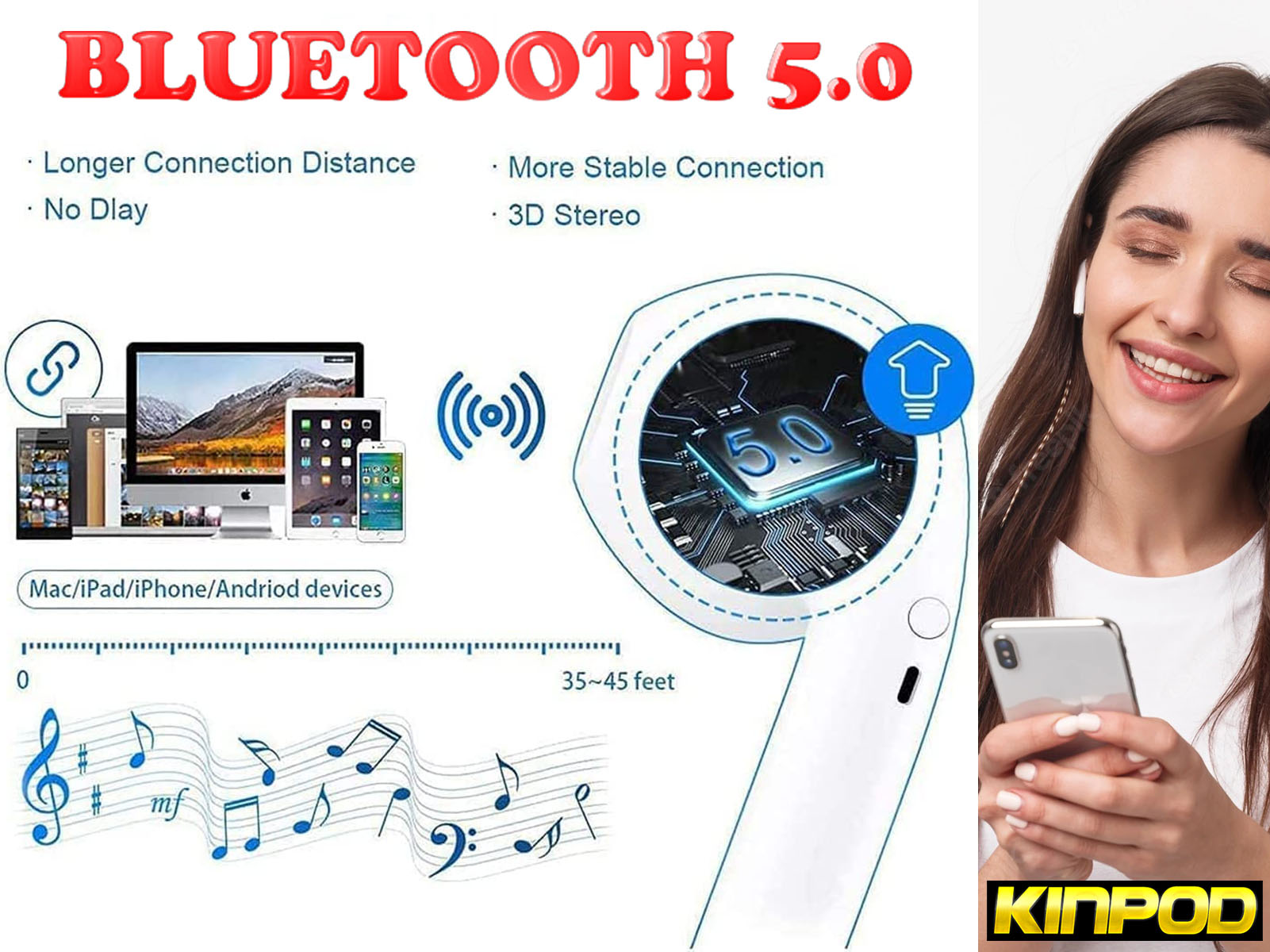 Mujer con auriculares usa un teléfono. Gráfico Bluetooth 5.0 con dispositivos en el fondo.