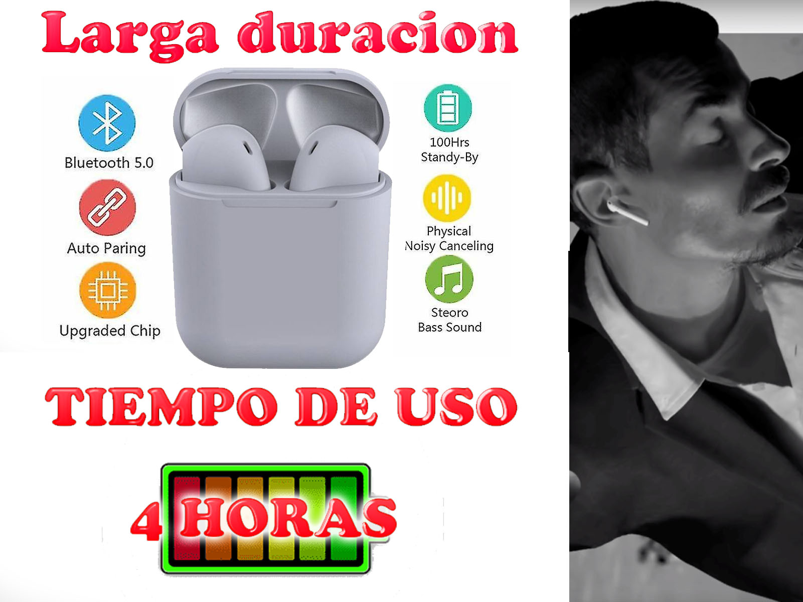 Persona mostrando auriculares con estuche. Texto: 'Larga duracion', 'Tiempo de uso', y '4 Horas'.