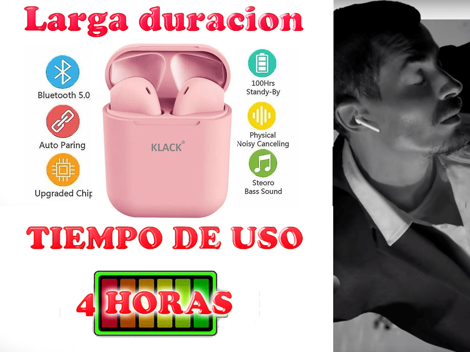 Auriculares Klack rosas con estuche de carga y una persona a la derecha.