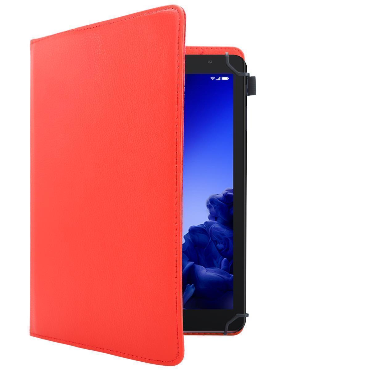 Funda de tableta roja abierta con una tableta dentro. La pantalla de la tableta muestra una interfaz. Fondo blanco.