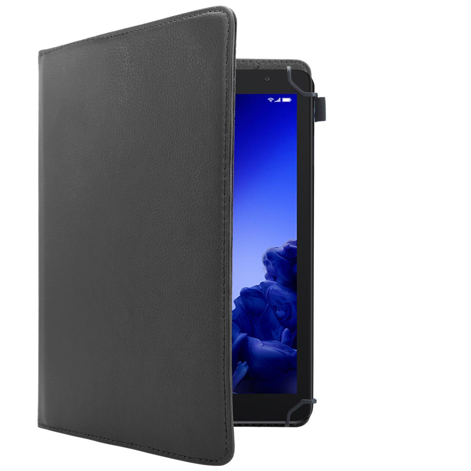 Tableta negra con cubierta, pantalla muestra diseño abstracto azul.