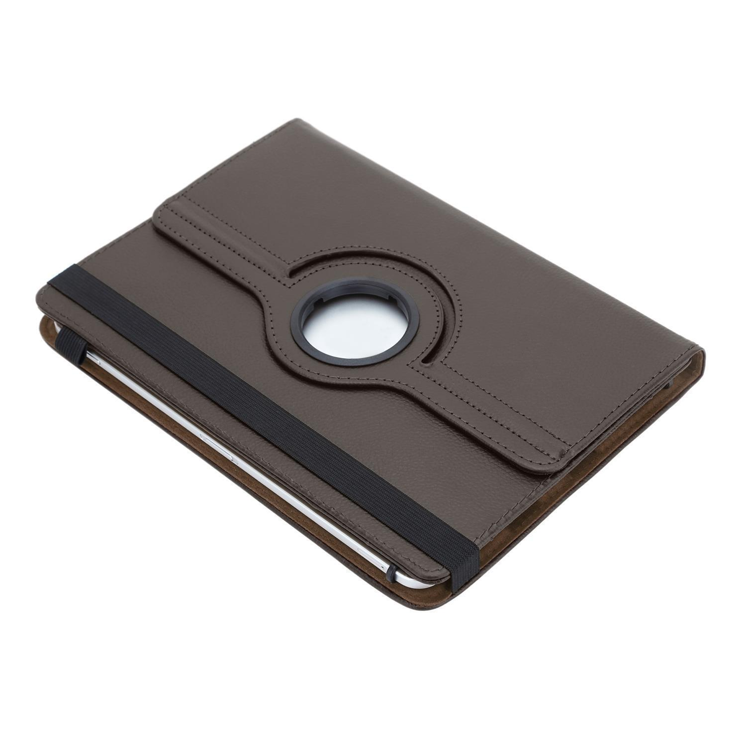 Eine braune Leder-Tablettasche mit schwarzem Gummiband und einem kreisförmigen Ausschnitt.