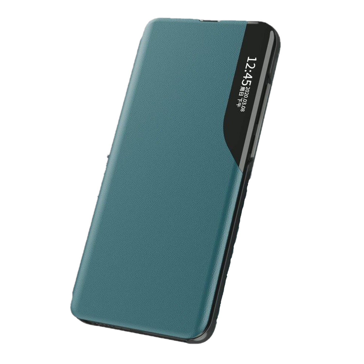 Custodia teal con finestra che mostra ora e data.
