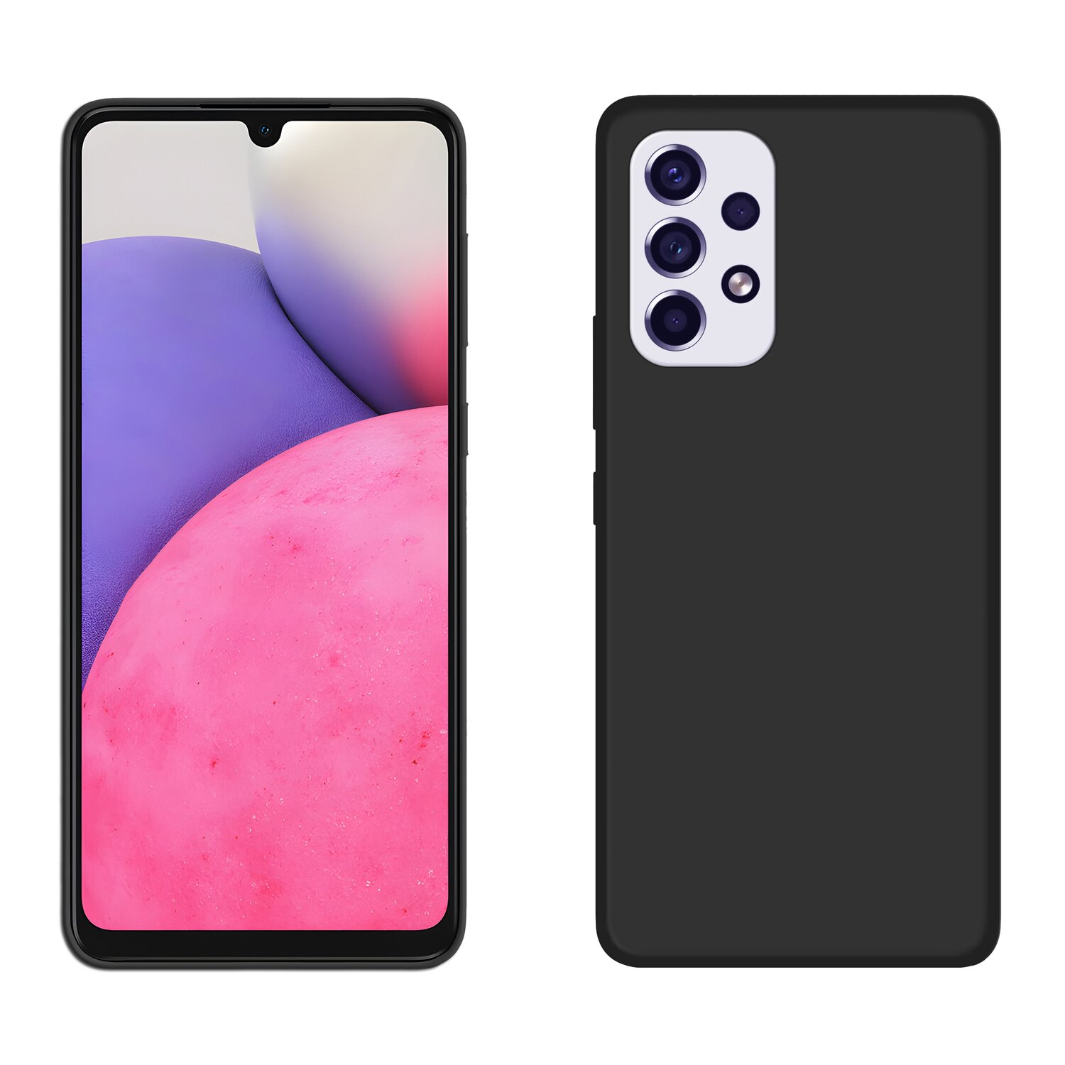 Ein schwarzes Telefon mit pinkfarbenem Bildschirm und schwarzem Gehäuse, die Rückseite mit Kameras.