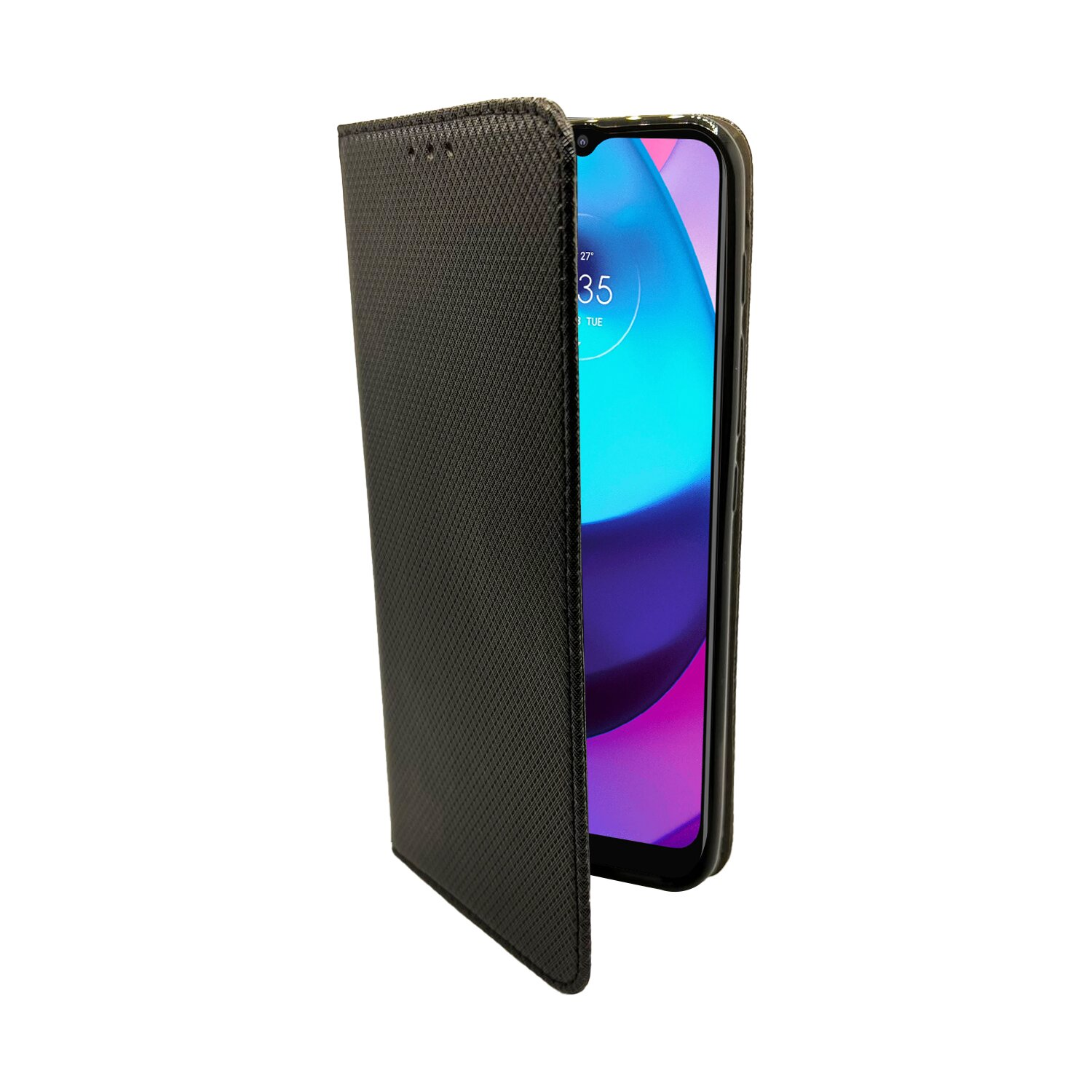 Schwarze Handyhülle mit Smartphone. Die Hülle ist offen, der Bildschirm ist sichtbar.