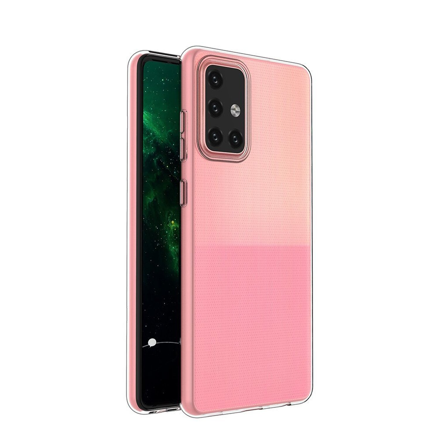 Rosa Handyhülle auf einem Handy. Die Hülle hat eine rosa gepunktete Textur.