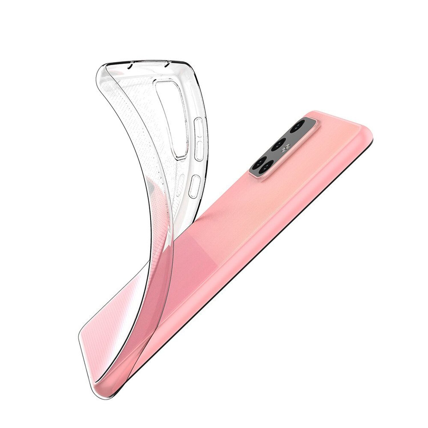 Ein rosa Telefon mit einer transparenten Hülle, das in einem Winkel gehalten wird, zeigt Rückseite und Seite.