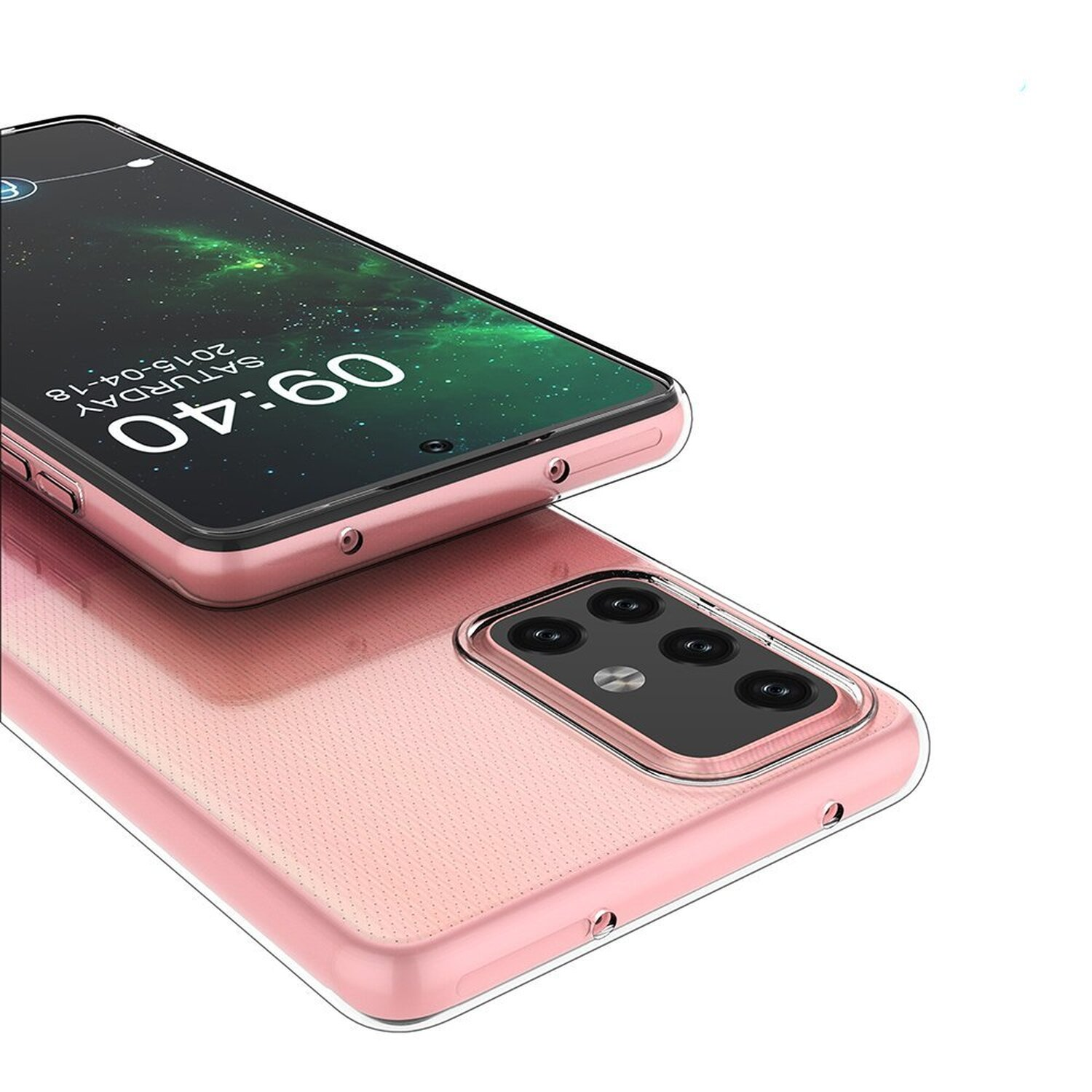 Ein pinkfarbenes Telefon mit einer durchsichtigen Hülle ist angewinkelt und zeigt die Rück- und Vorderseite.