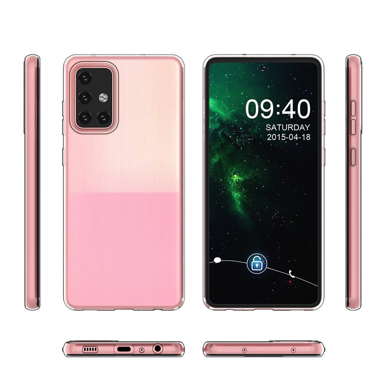 Rosa Handyhülle, die ein Smartphone mit digitalem Display zeigt. Die Hülle wird aus verschiedenen Winkeln gezeigt.