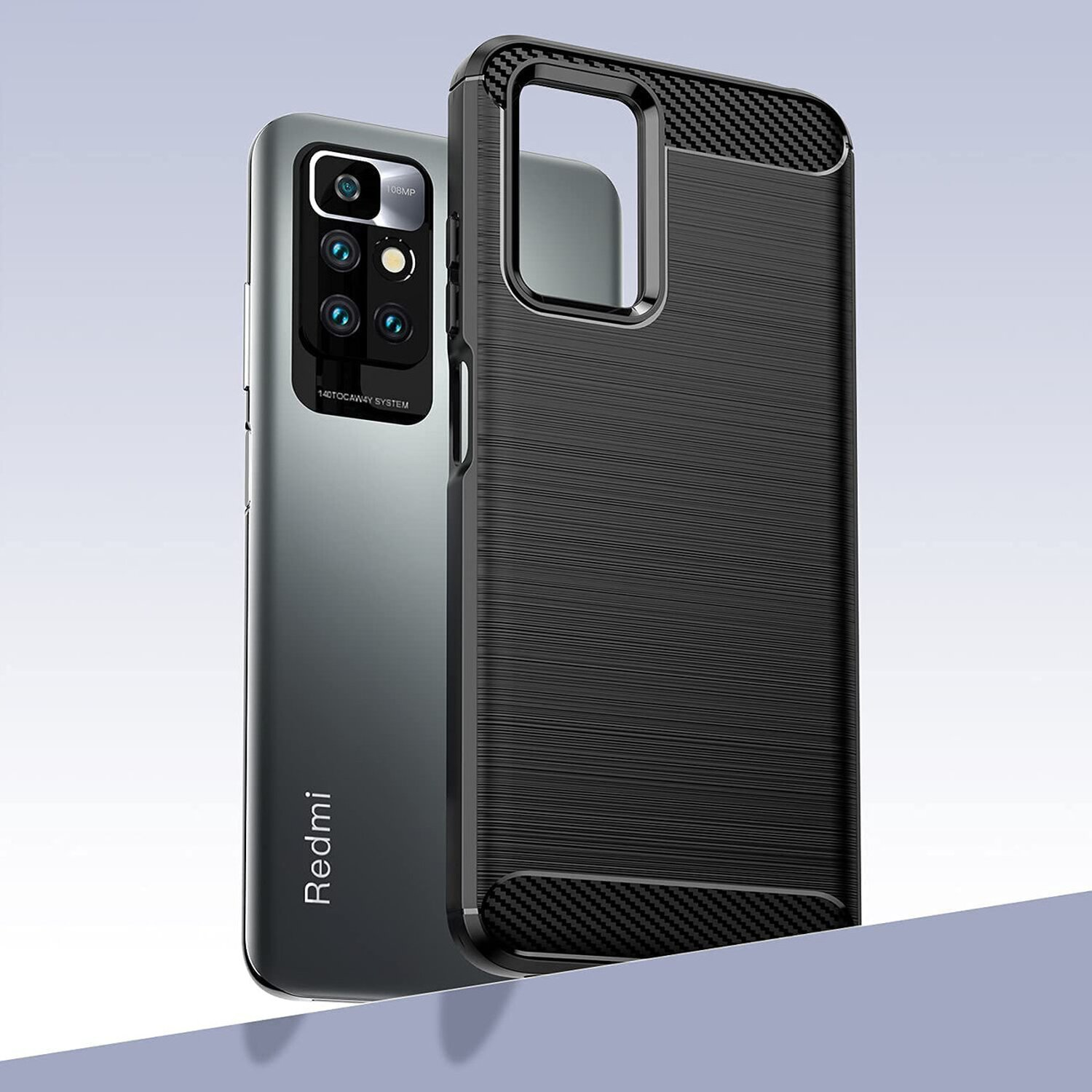 Eine Smartphone-Hülle mit schwarzer strukturierter Rückseite und silberner Kamerahöcker. Redmi-Logo sichtbar.