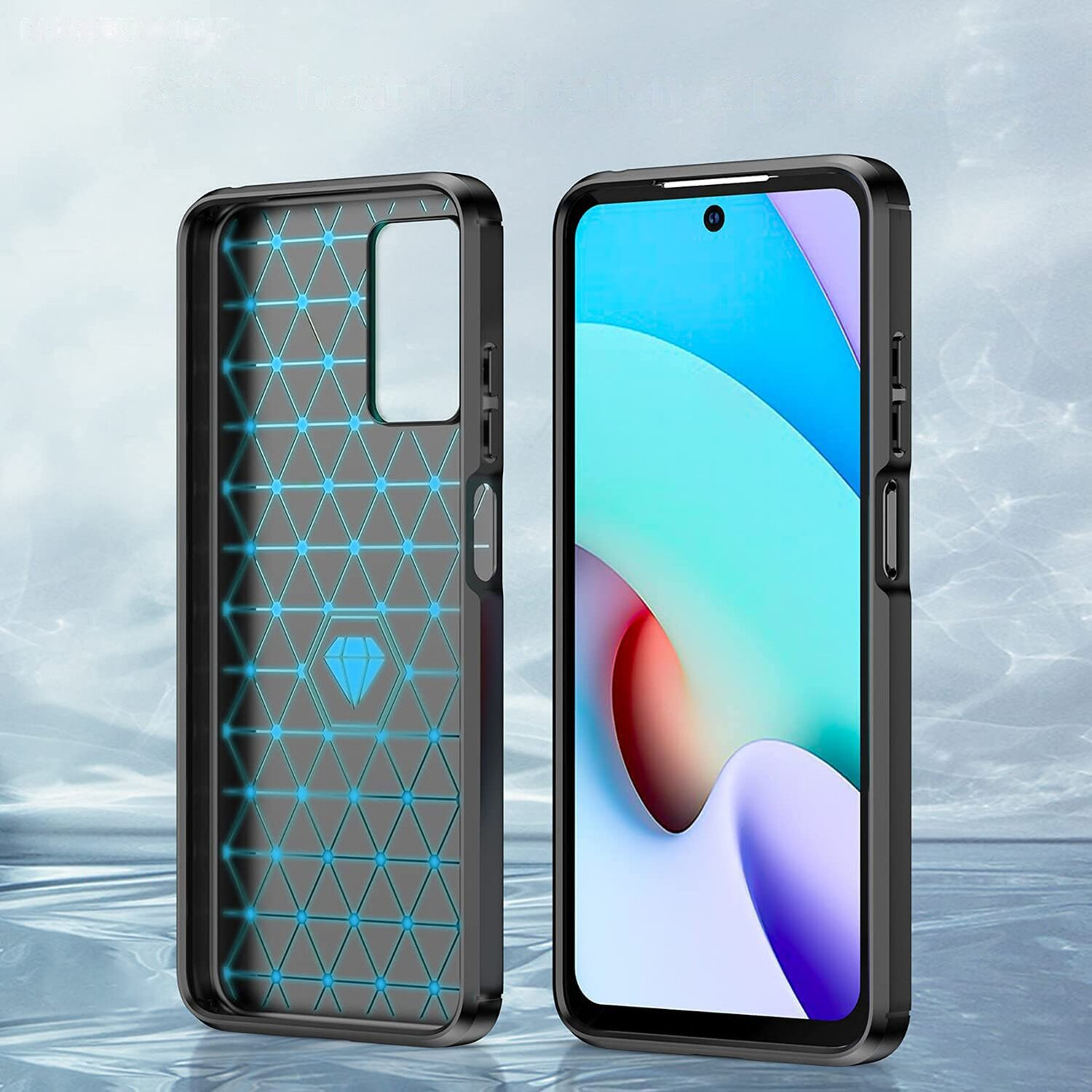 Handyhülle mit zwei Seiten, Telefon eingesetzt, schwarz-blaues Design.